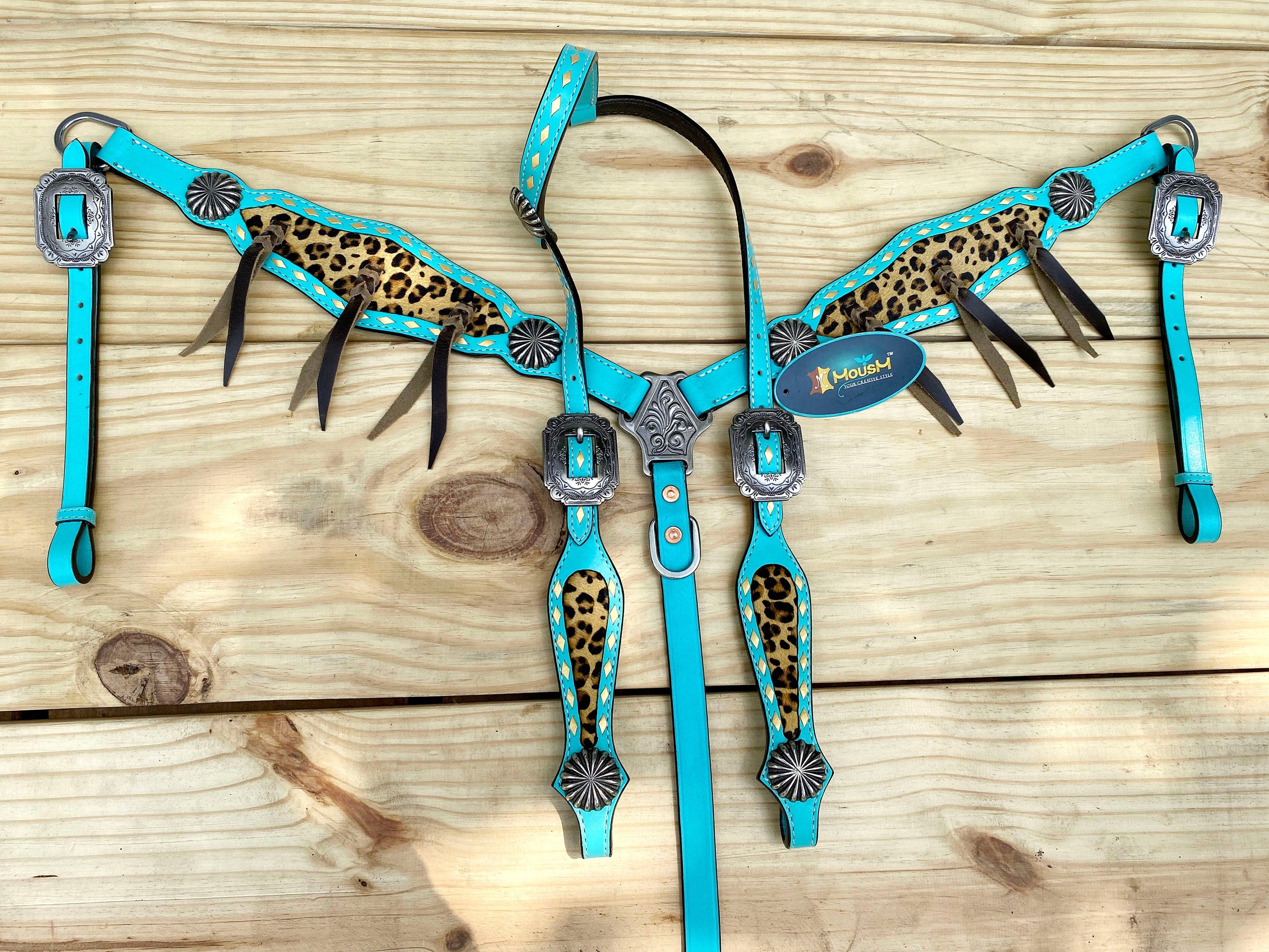 MOUSM Western Leather Headstall & Breast Collar Set – Turquoise Horse Tack with Leopard Pattern Inlay and Leather Brown Fringe, Sunburst Concho