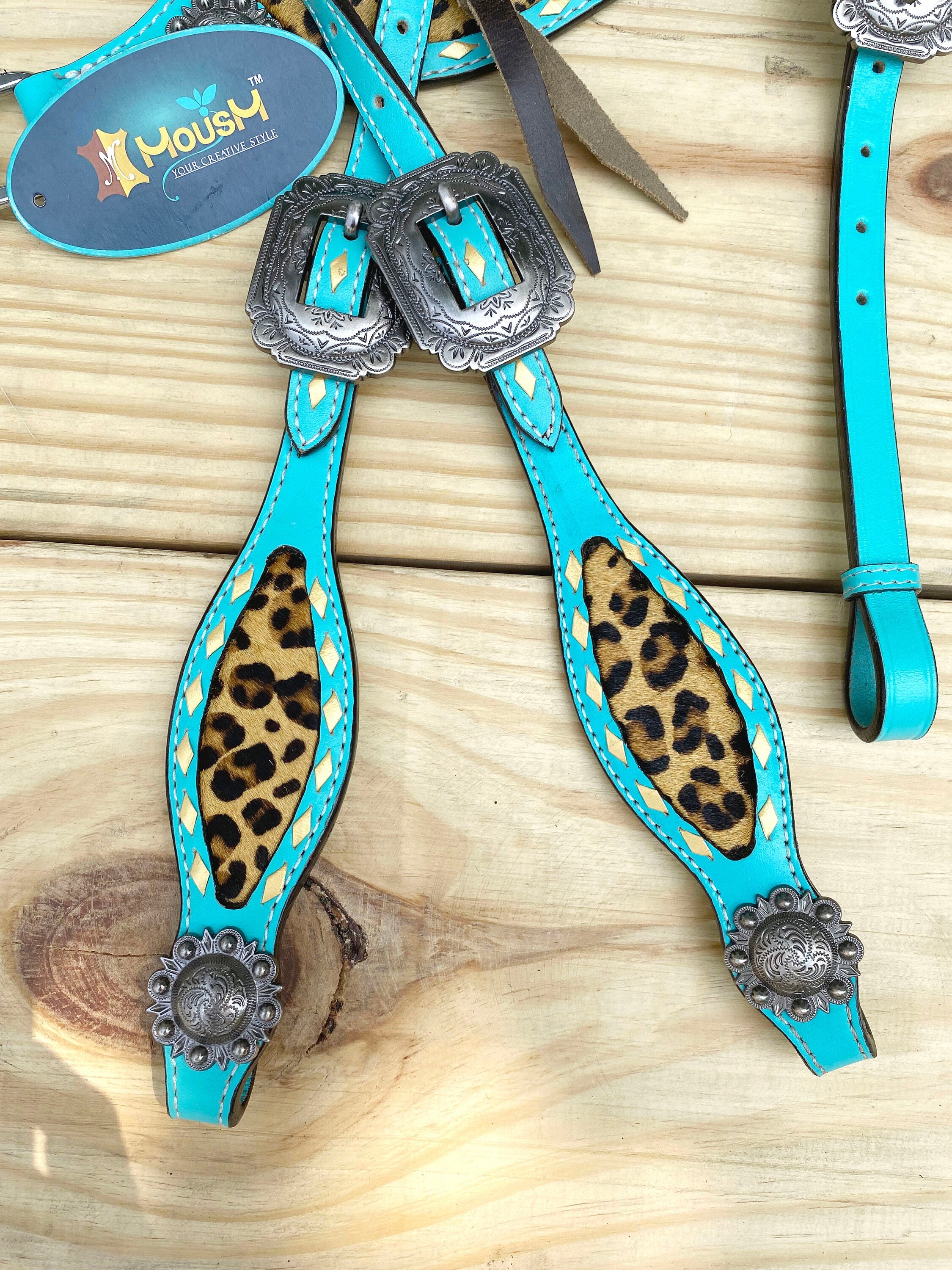 MOUSM Western Leather Headstall & Breast Collar Set – Western Headstall Decorated with Leopard Pattern Inlay on Center Patch and Nickle Conchos