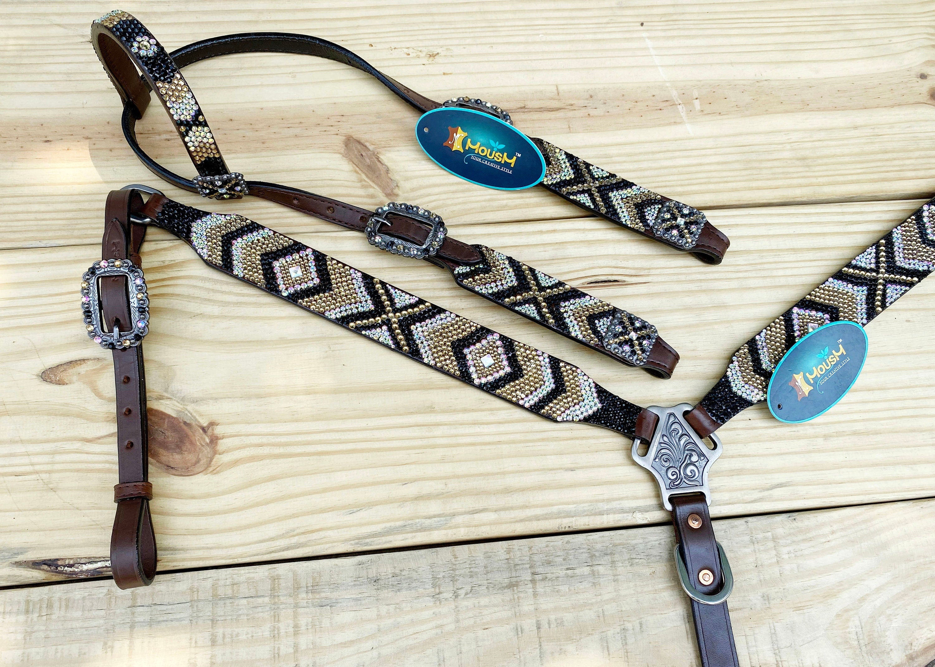 MOUSM Western Bridle and Breast Collar Set - Decorated with Elegant Gold, Silver & Black Stone Inlay and Same Colour Conchos