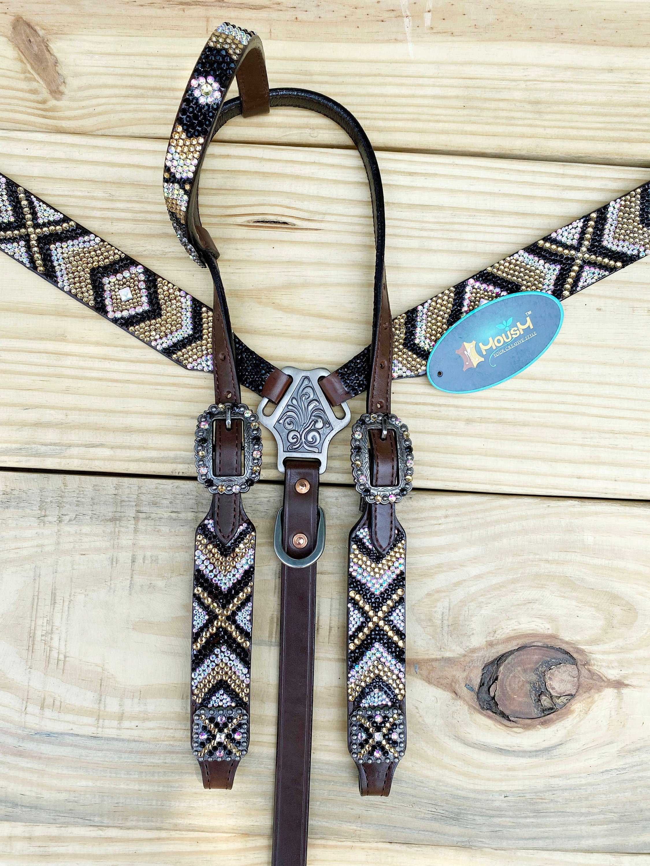 MOUSM Western Bridle and Breast Collar Set - Decorated with Elegant Gold, Silver & Black Stone Inlay and Same Colour Conchos