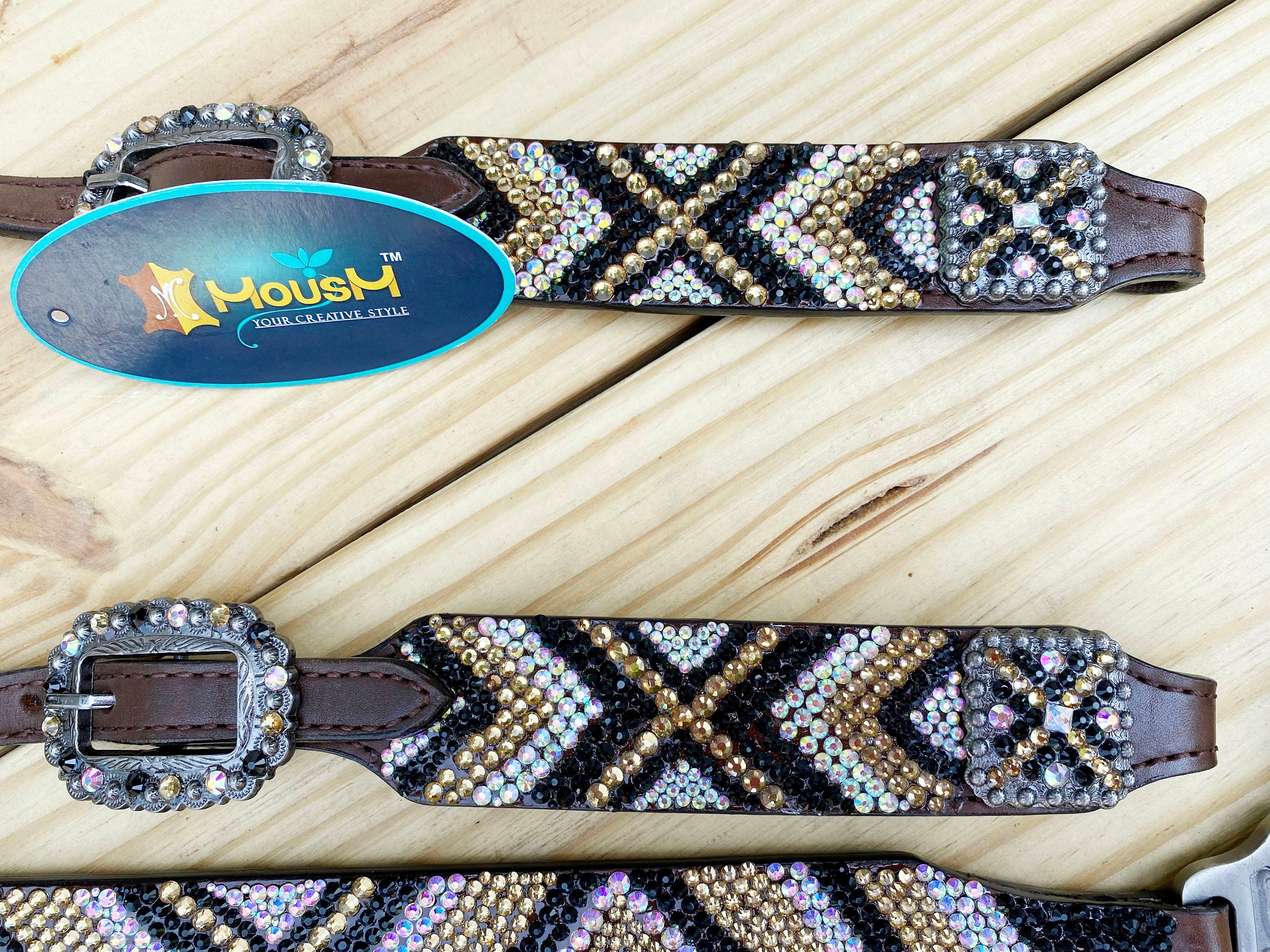 MOUSM Western Bridle and Breast Collar Set - Decorated with Elegant Gold, Silver & Black Stone Inlay and Same Colour Conchos