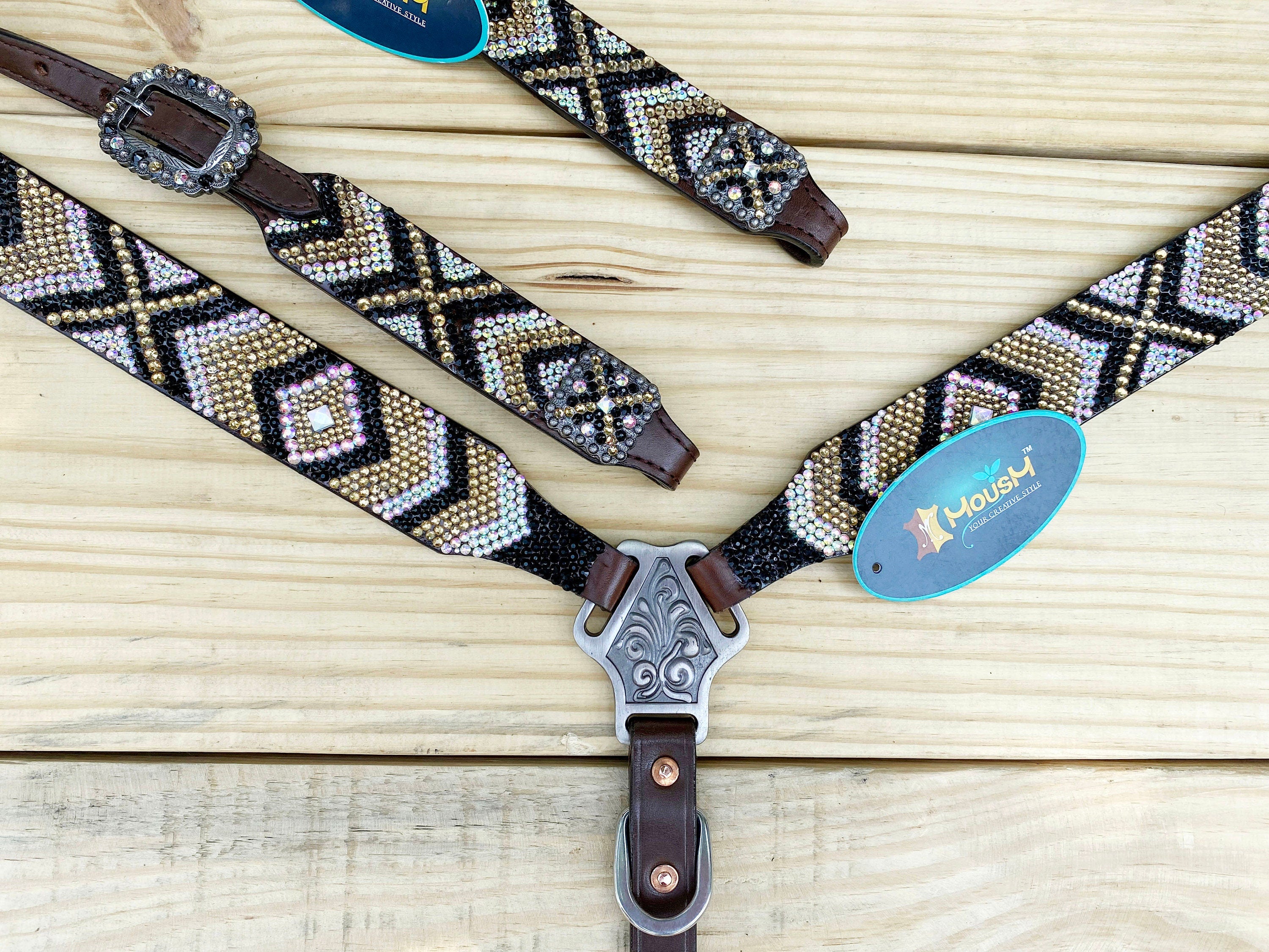 MOUSM Western Bridle and Breast Collar Set - Decorated with Elegant Gold, Silver & Black Stone Inlay and Same Colour Conchos