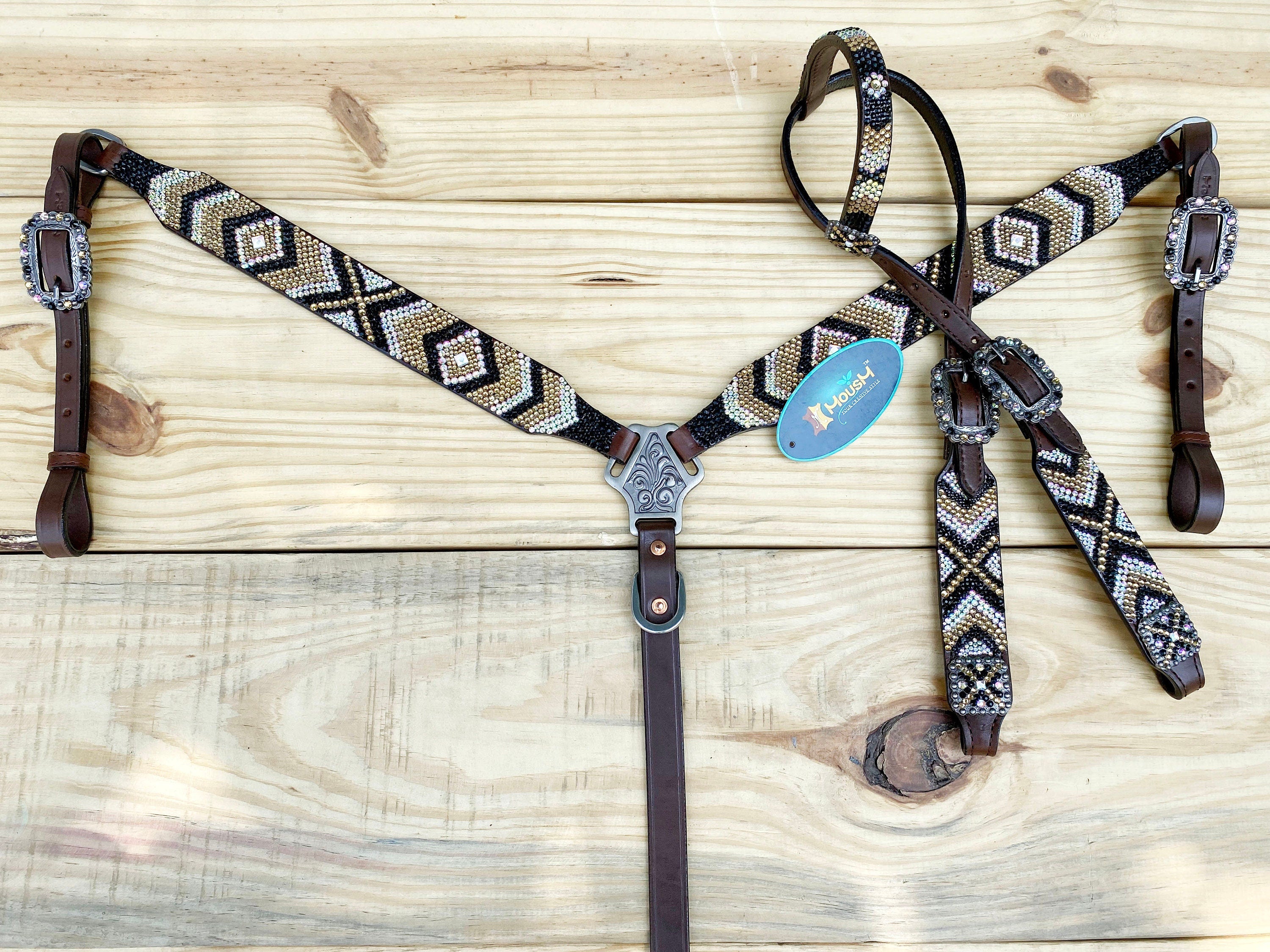 MOUSM Western Bridle and Breast Collar Set - Decorated with Elegant Gold, Silver & Black Stone Inlay and Same Colour Conchos