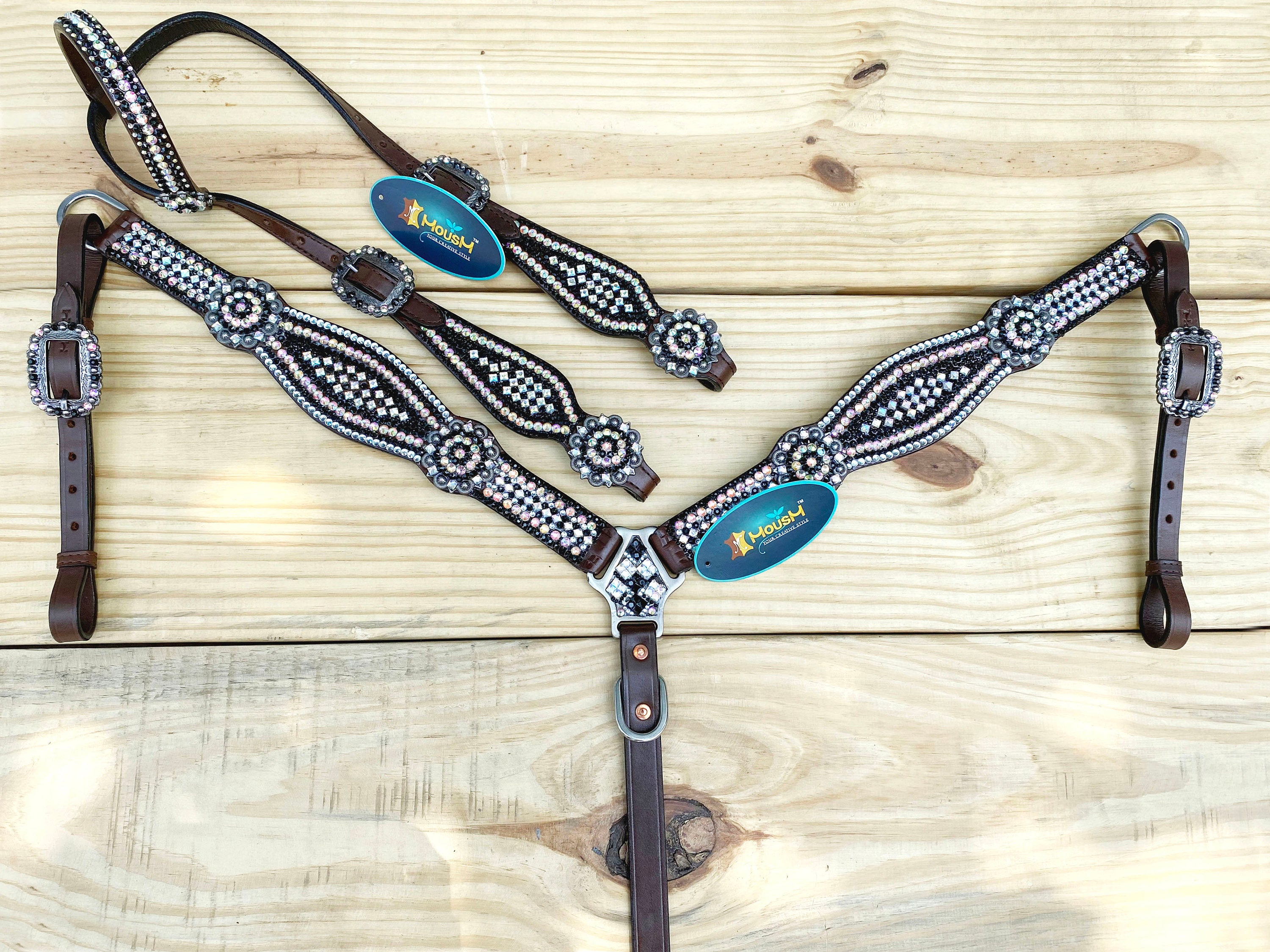 MOUSM Western Bridle and Breast Collar Set – Decorated with Pink, Silver, and Black Stones Inlay with Matching Flower Concho