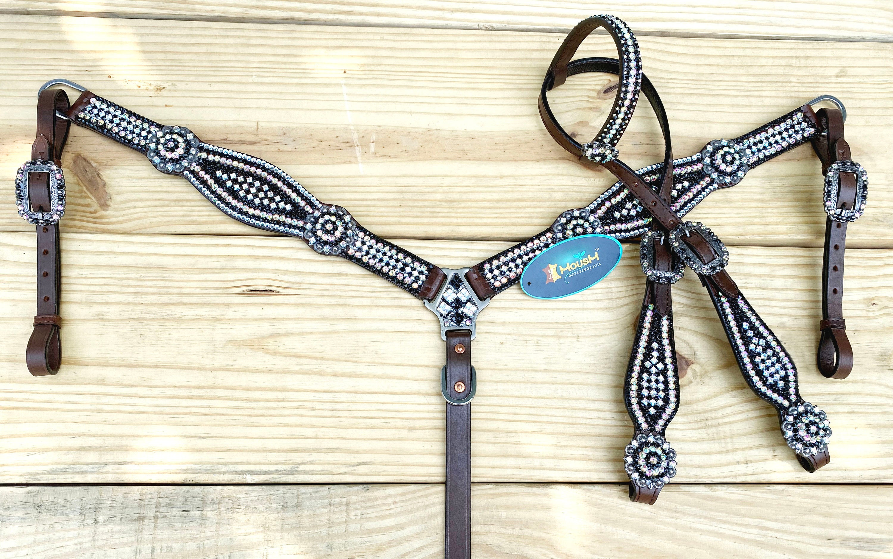MOUSM Western Bridle and Breast Collar Set – Decorated with Pink, Silver, and Black Stones Inlay with Matching Flower Concho