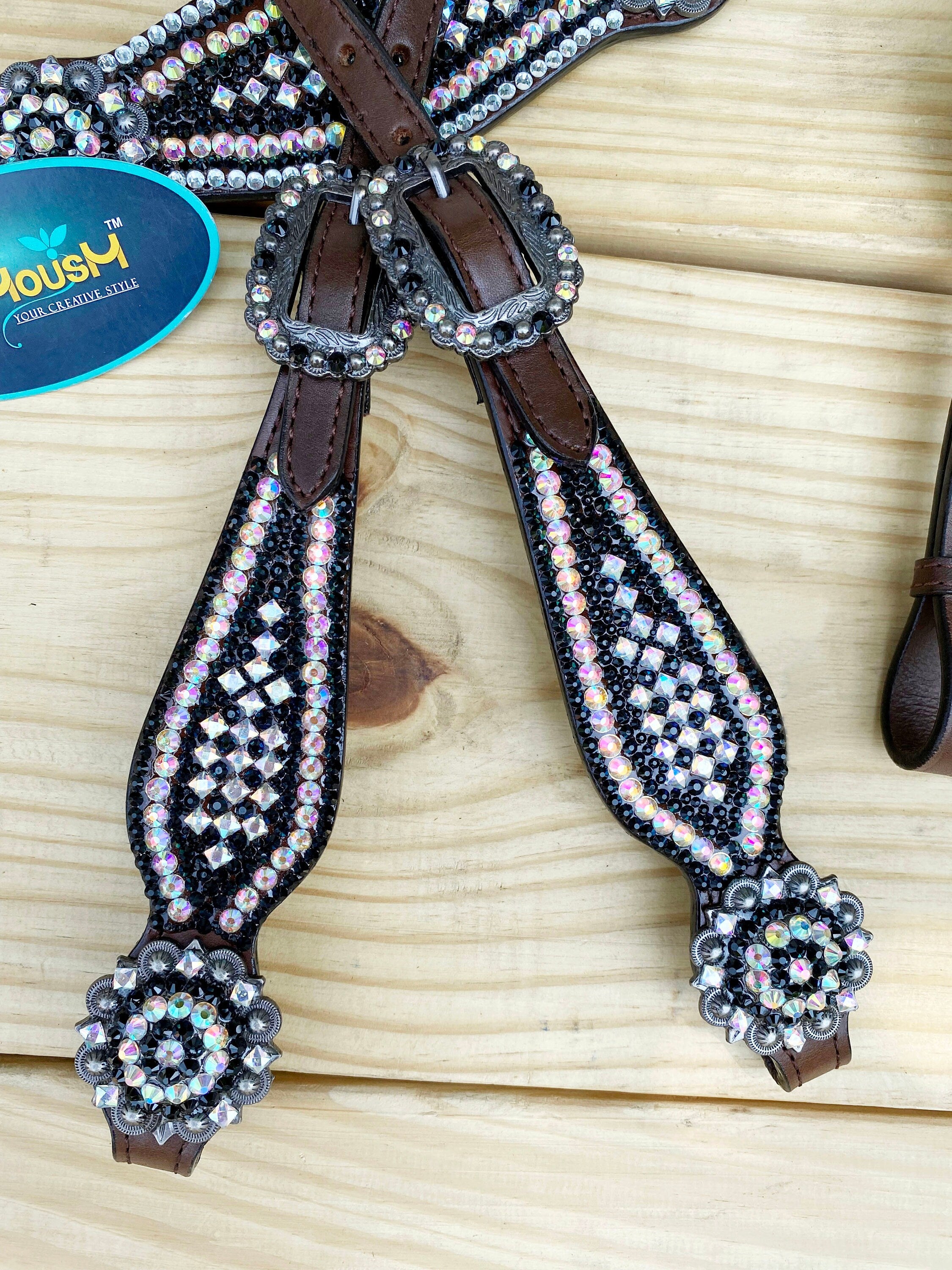 MOUSM Western Bridle and Breast Collar Set – Decorated with Pink, Silver, and Black Stones Inlay with Matching Flower Concho