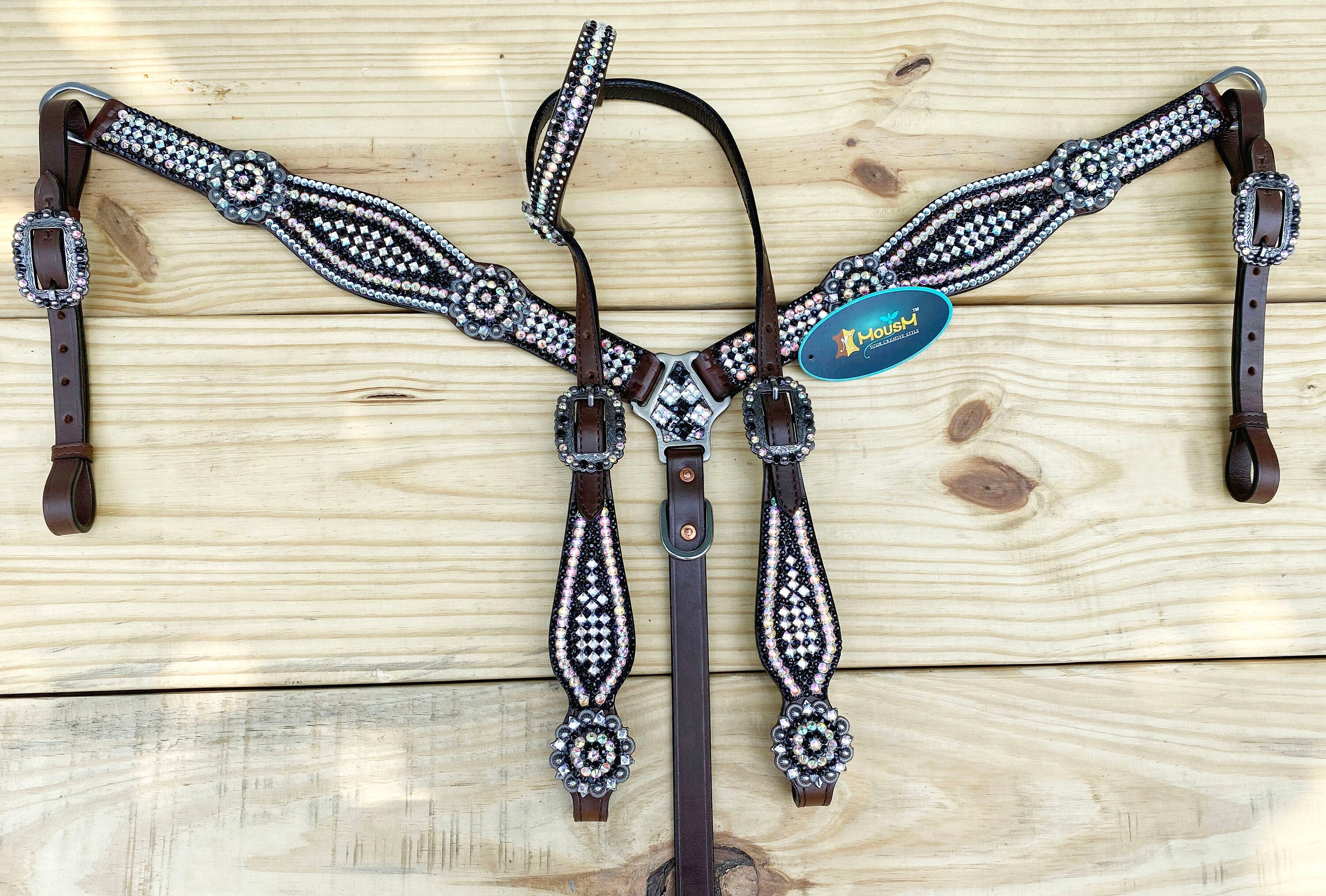 MOUSM Western Bridle and Breast Collar Set – Decorated with Pink, Silver, and Black Stones Inlay with Matching Flower Concho