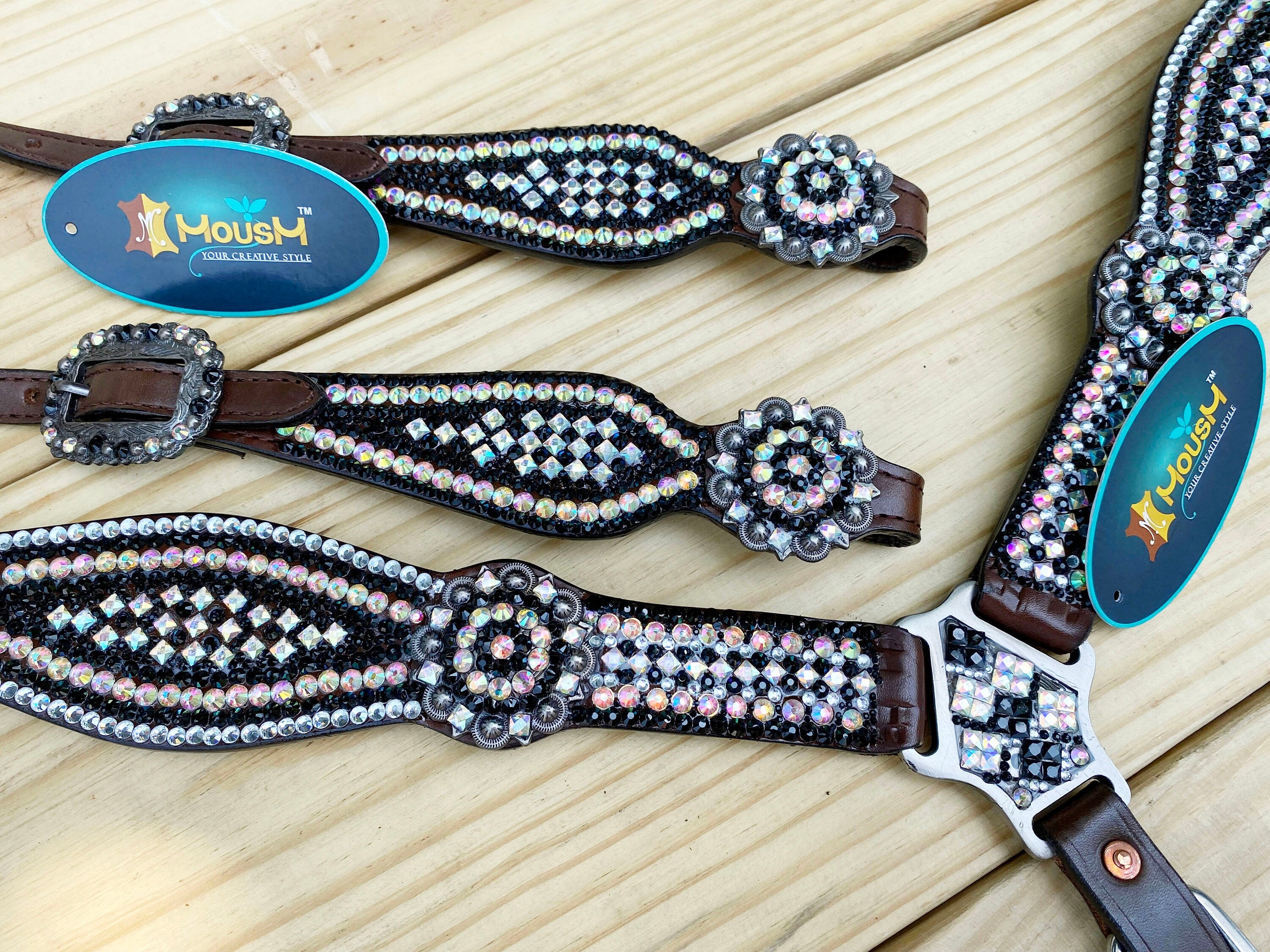 MOUSM Western Bridle and Breast Collar Set – Decorated with Pink, Silver, and Black Stones Inlay with Matching Flower Concho