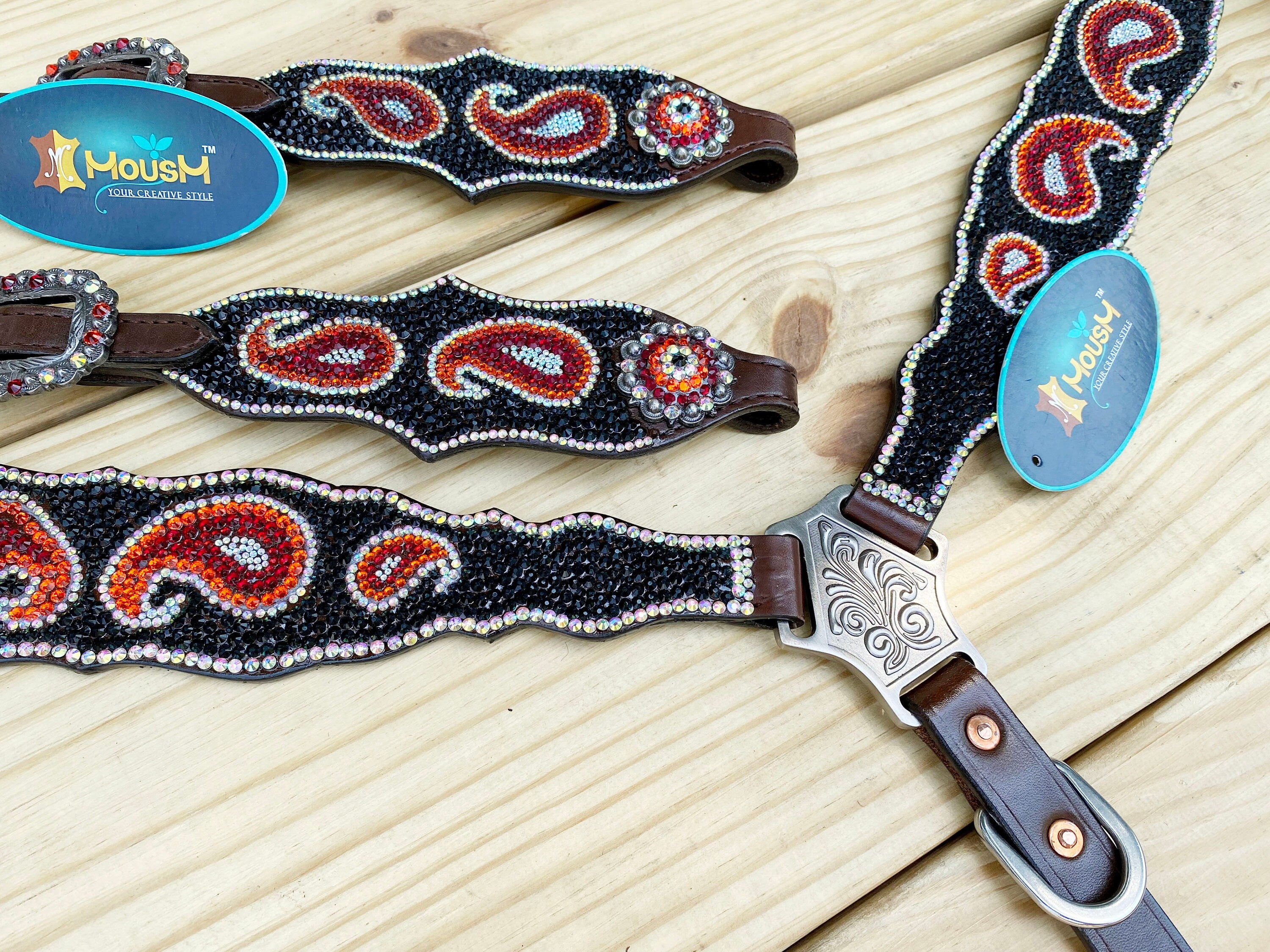 MOUSM Western Bridle and Breast Collar Set – Decorated with Orange, Red, Silver, and Black Stones Inlay with Matching Rhinestones Concho