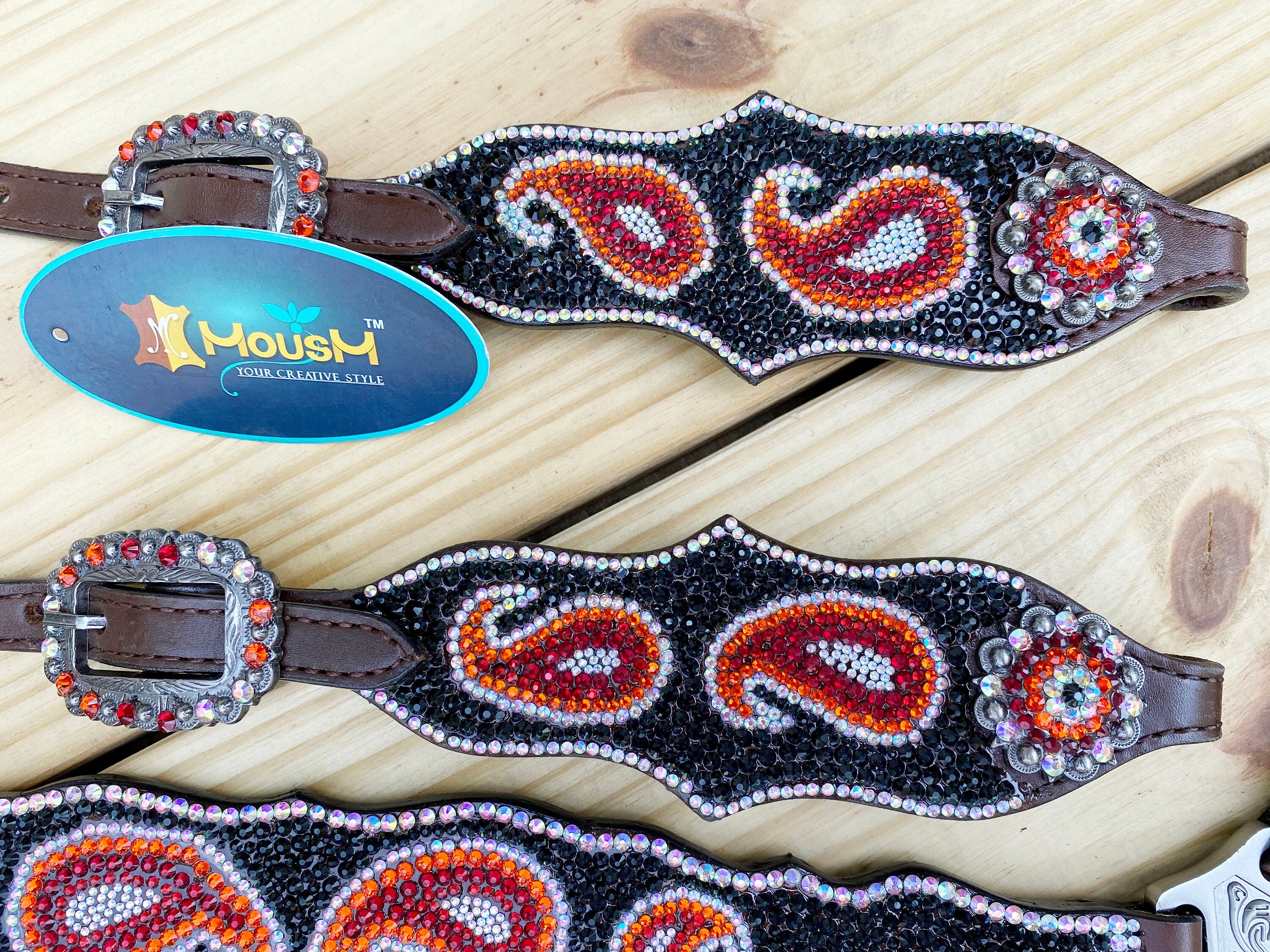 MOUSM Western Bridle and Breast Collar Set – Decorated with Orange, Red, Silver, and Black Stones Inlay with Matching Rhinestones Concho