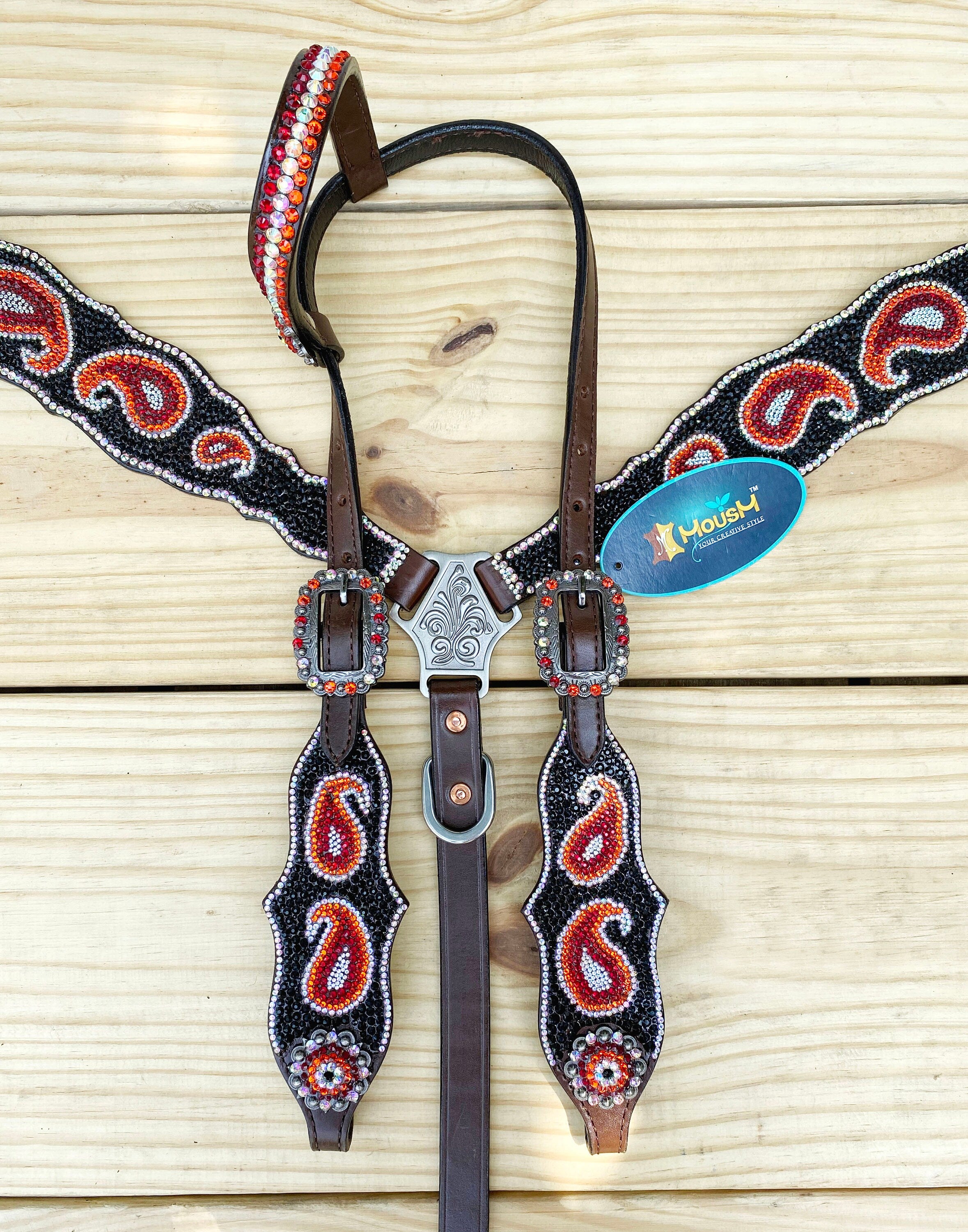 MOUSM Western Bridle and Breast Collar Set – Decorated with Orange, Red, Silver, and Black Stones Inlay with Matching Rhinestones Concho