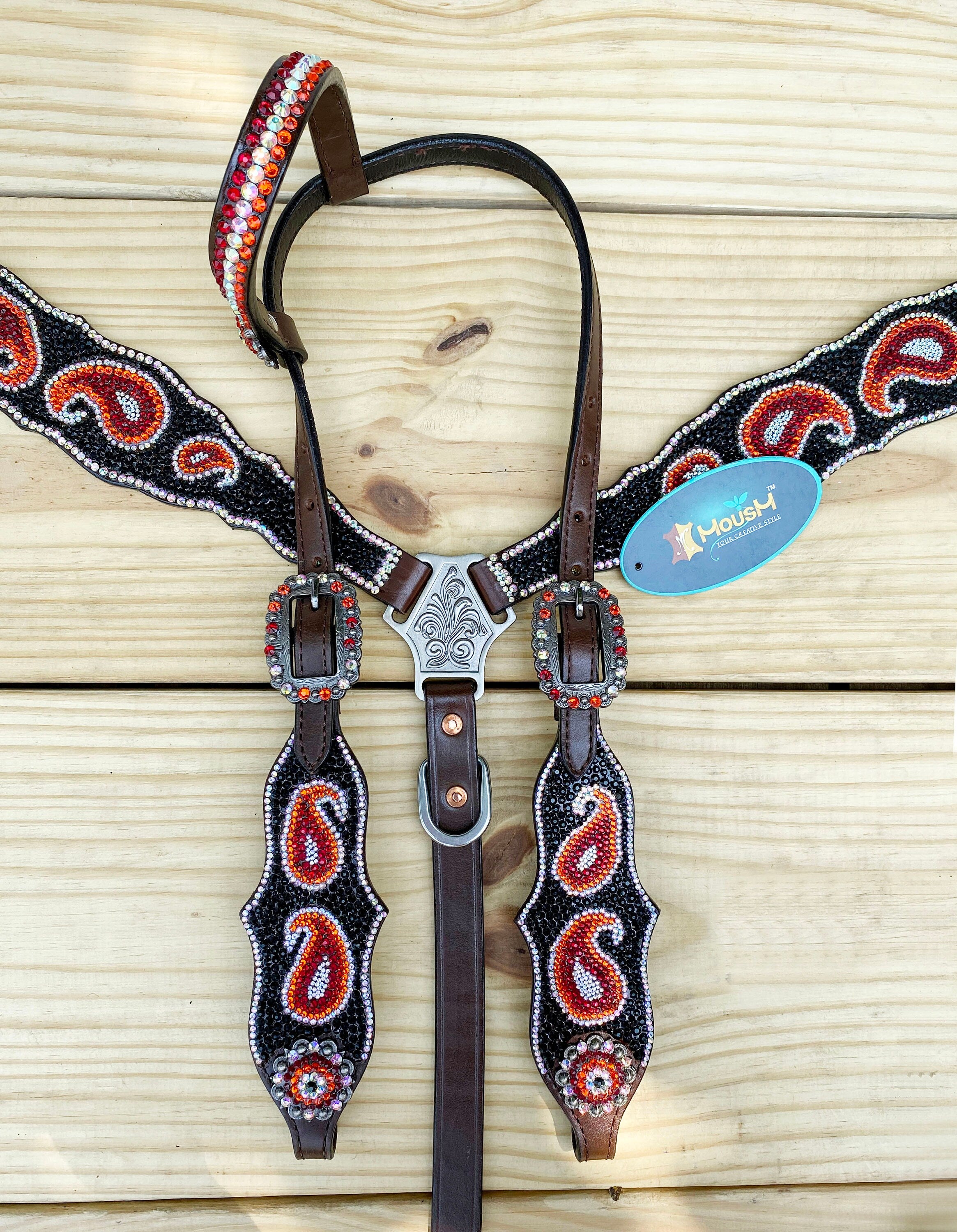 MOUSM Western Bridle and Breast Collar Set – Decorated with Orange, Red, Silver, and Black Stones Inlay with Matching Rhinestones Concho