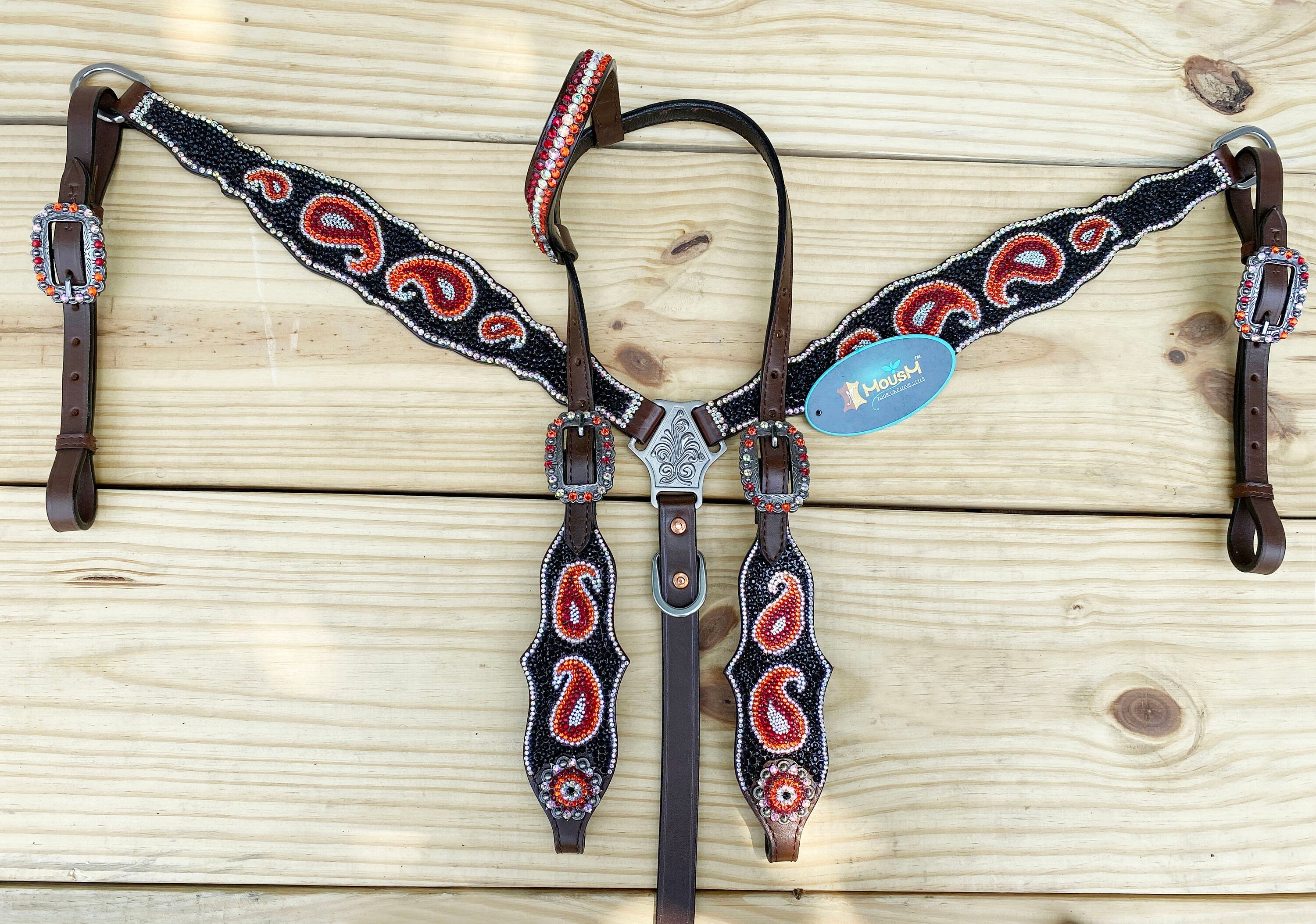 MOUSM Western Bridle and Breast Collar Set – Decorated with Orange, Red, Silver, and Black Stones Inlay with Matching Rhinestones Concho