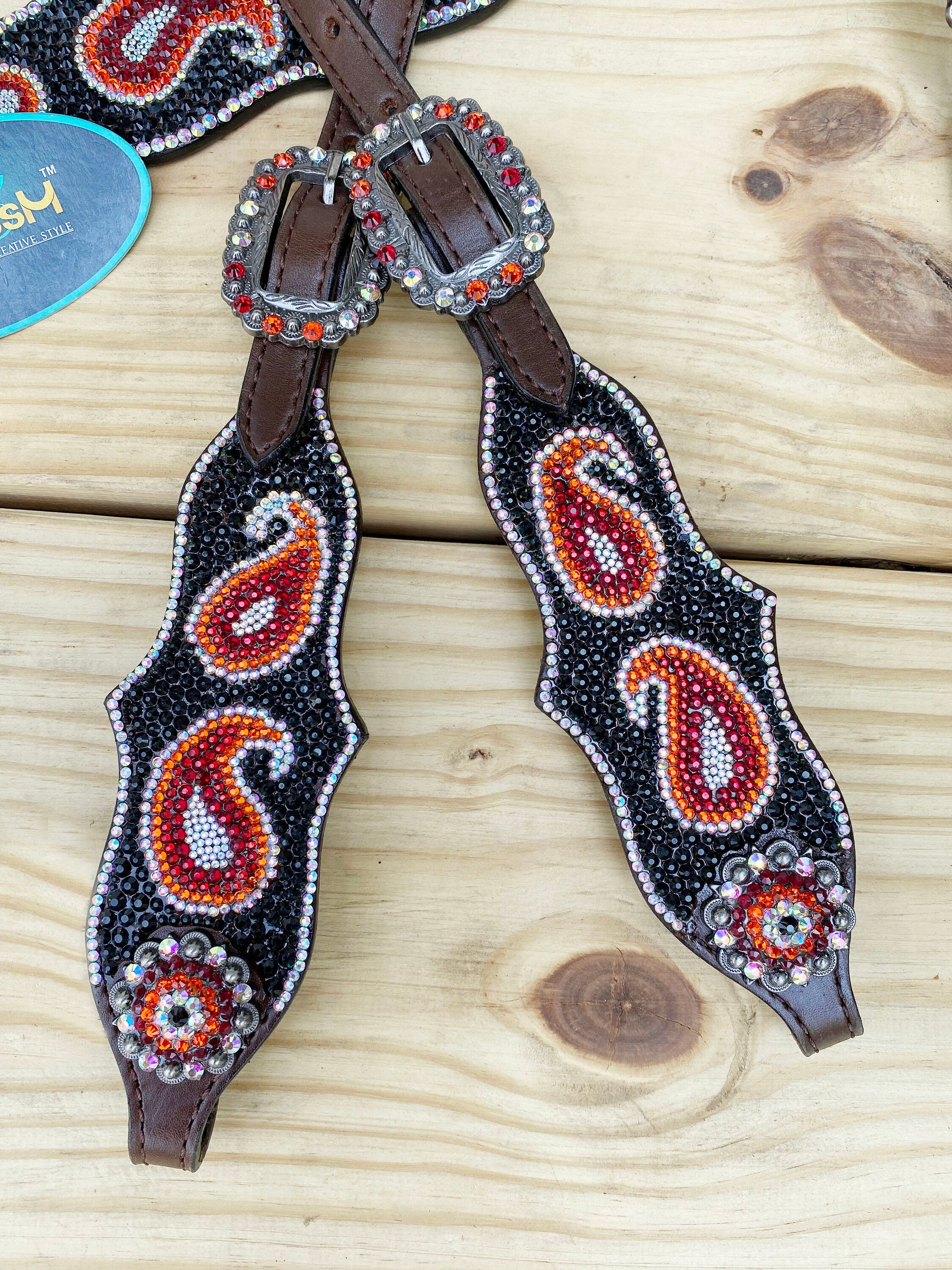 MOUSM Western Bridle and Breast Collar Set – Decorated with Orange, Red, Silver, and Black Stones Inlay with Matching Rhinestones Concho