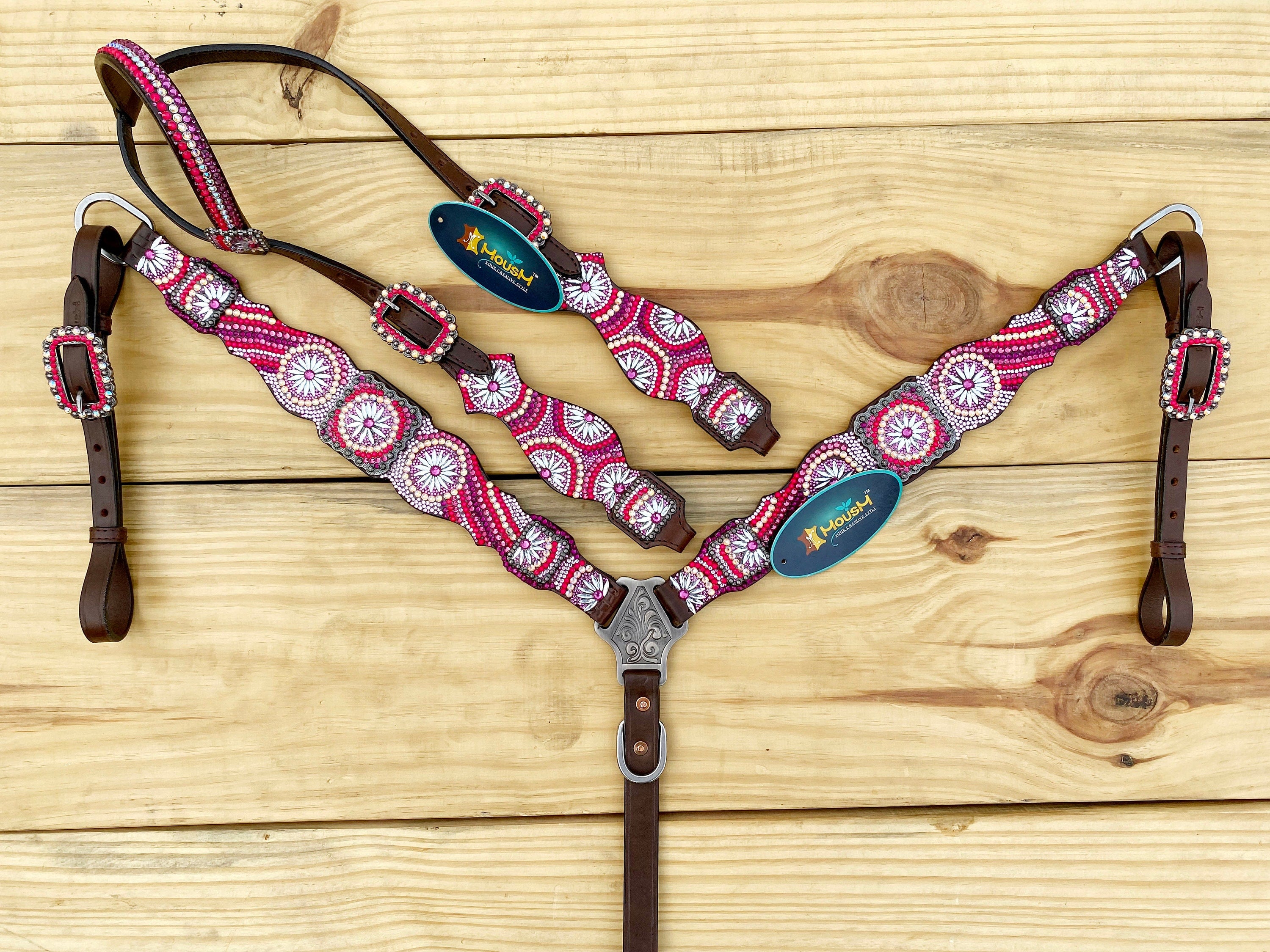 MOUSM Western Bridle and Breast Collar Set - Made with Argentina Cow Leather Decorated with Orange, Red, Silver, and Black Stones in a Gorgeous Embroidery Circle and Chakra Look, Matching Conchos