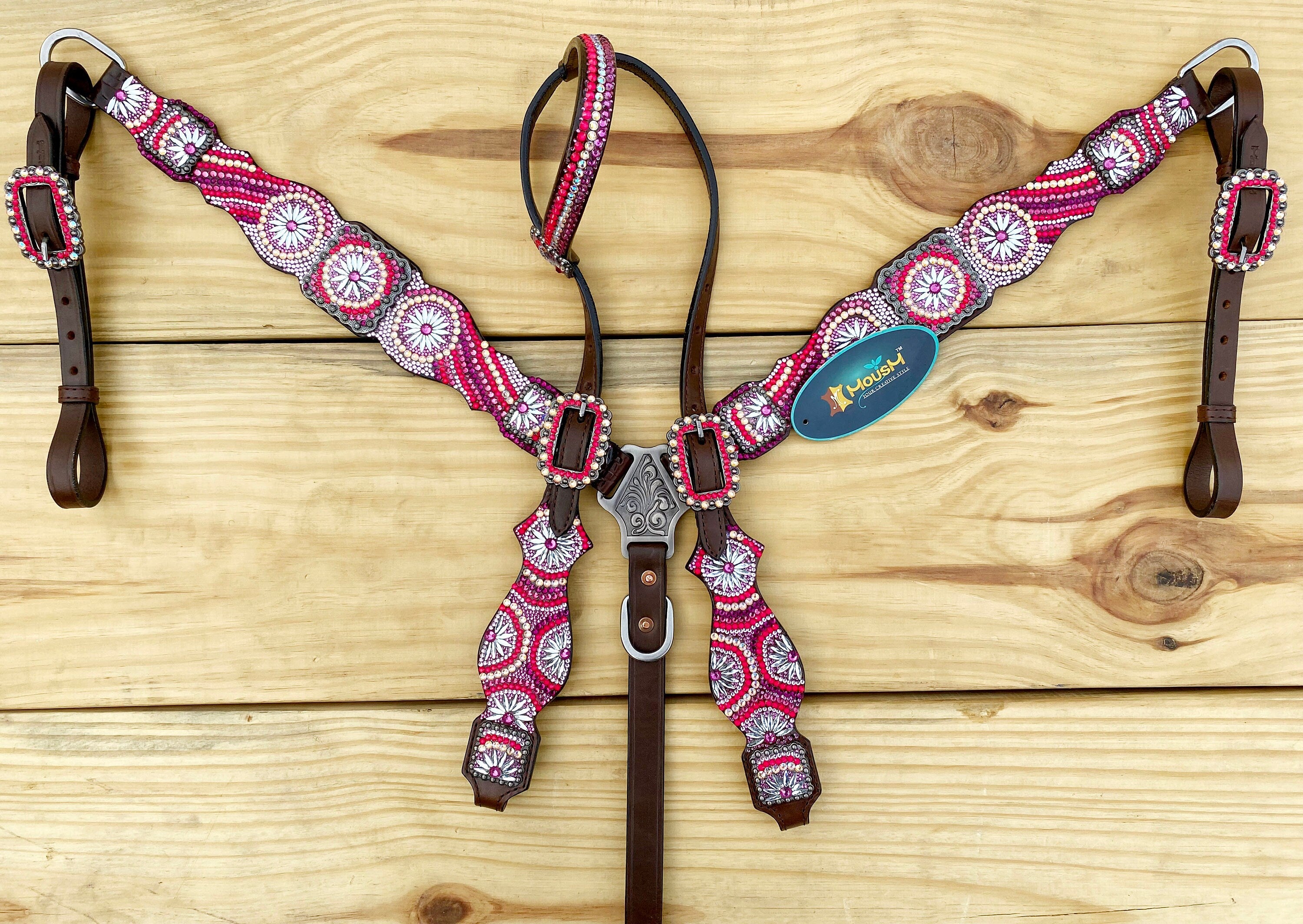 MOUSM Western Bridle and Breast Collar Set - Made with Argentina Cow Leather Decorated with Orange, Red, Silver, and Black Stones in a Gorgeous Embroidery Circle and Chakra Look, Matching Conchos