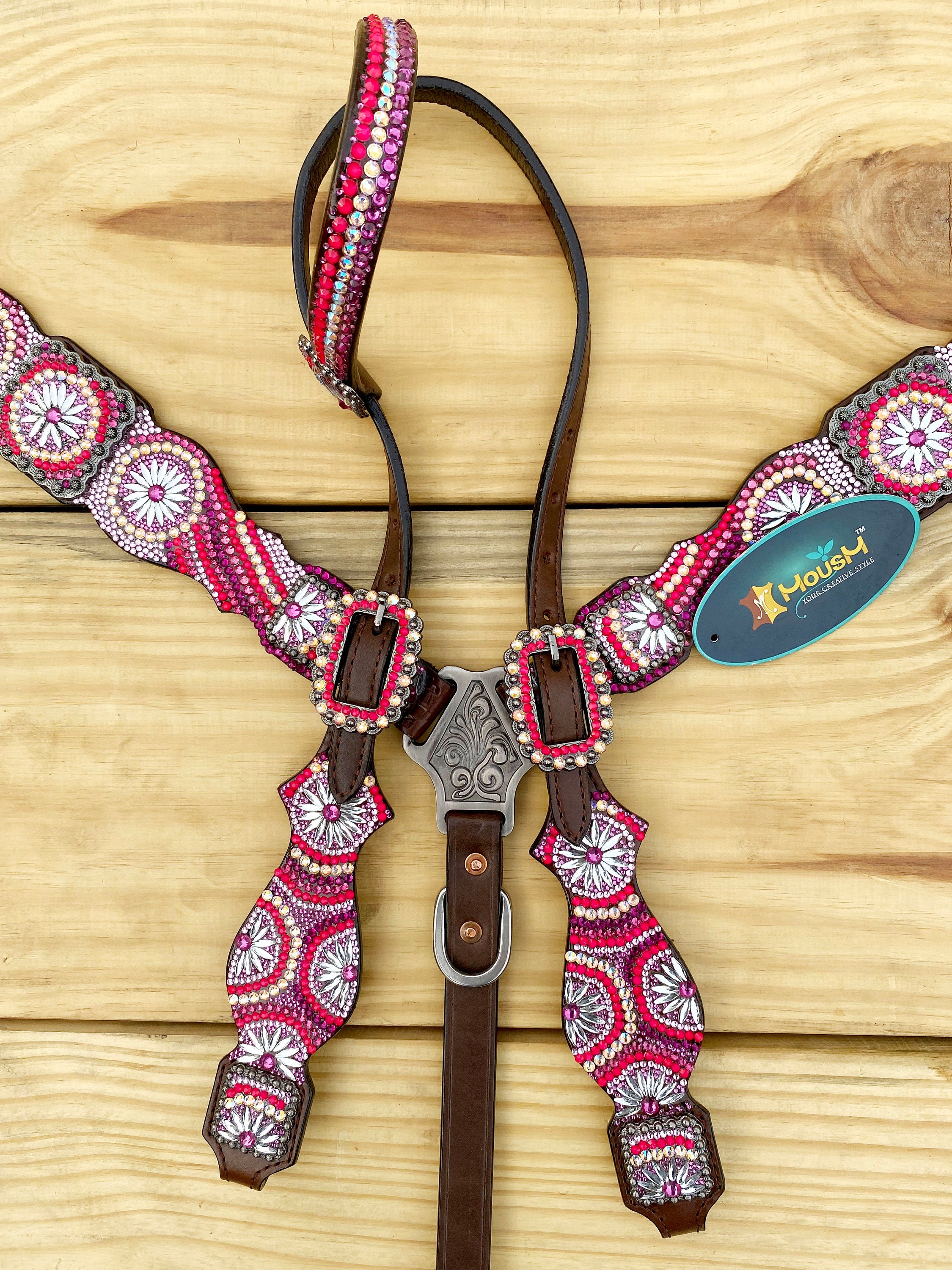 MOUSM Western Bridle and Breast Collar Set - Made with Argentina Cow Leather Decorated with Orange, Red, Silver, and Black Stones in a Gorgeous Embroidery Circle and Chakra Look, Matching Conchos