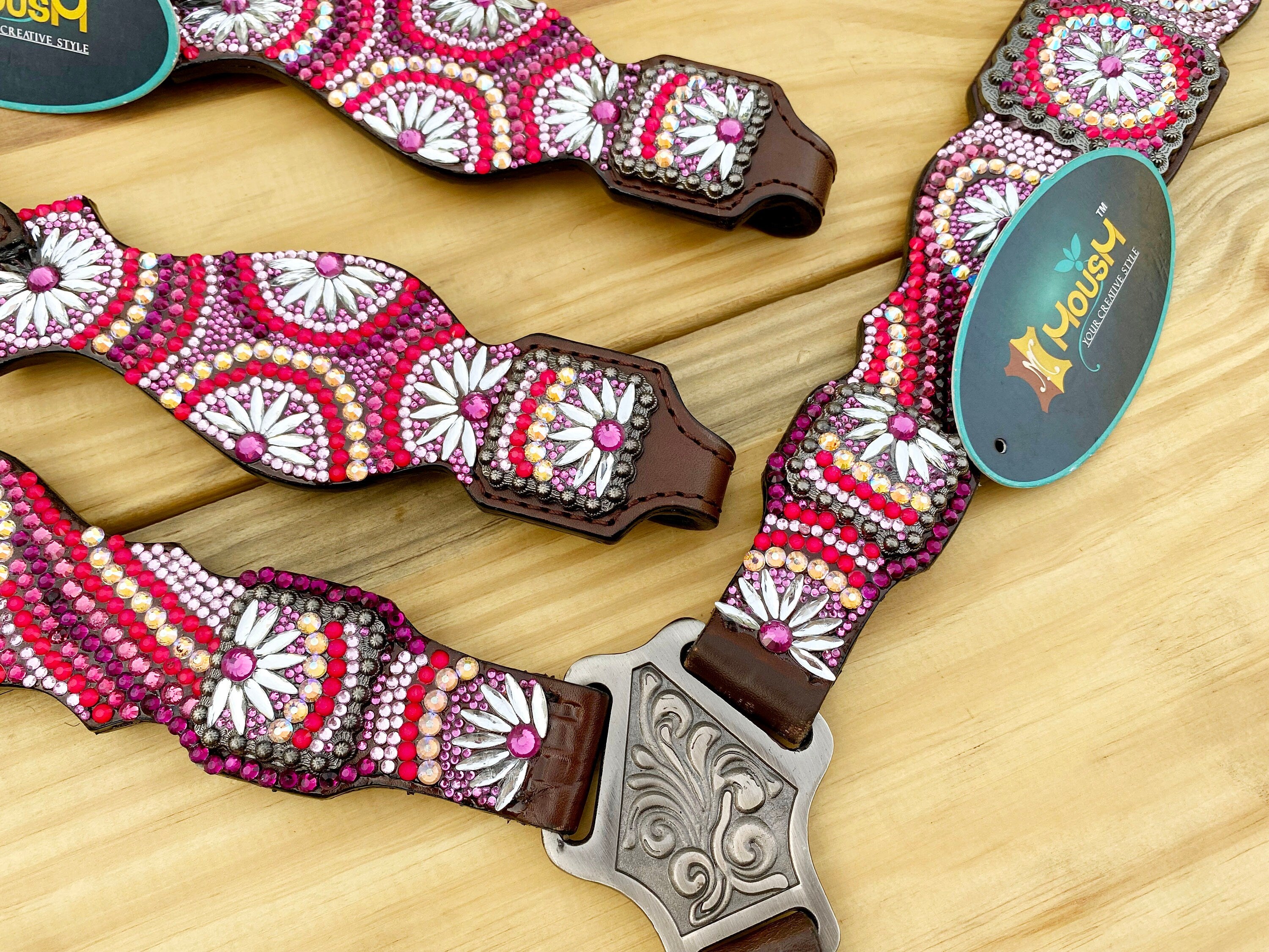 MOUSM Western Bridle and Breast Collar Set - Made with Argentina Cow Leather Decorated with Orange, Red, Silver, and Black Stones in a Gorgeous Embroidery Circle and Chakra Look, Matching Conchos