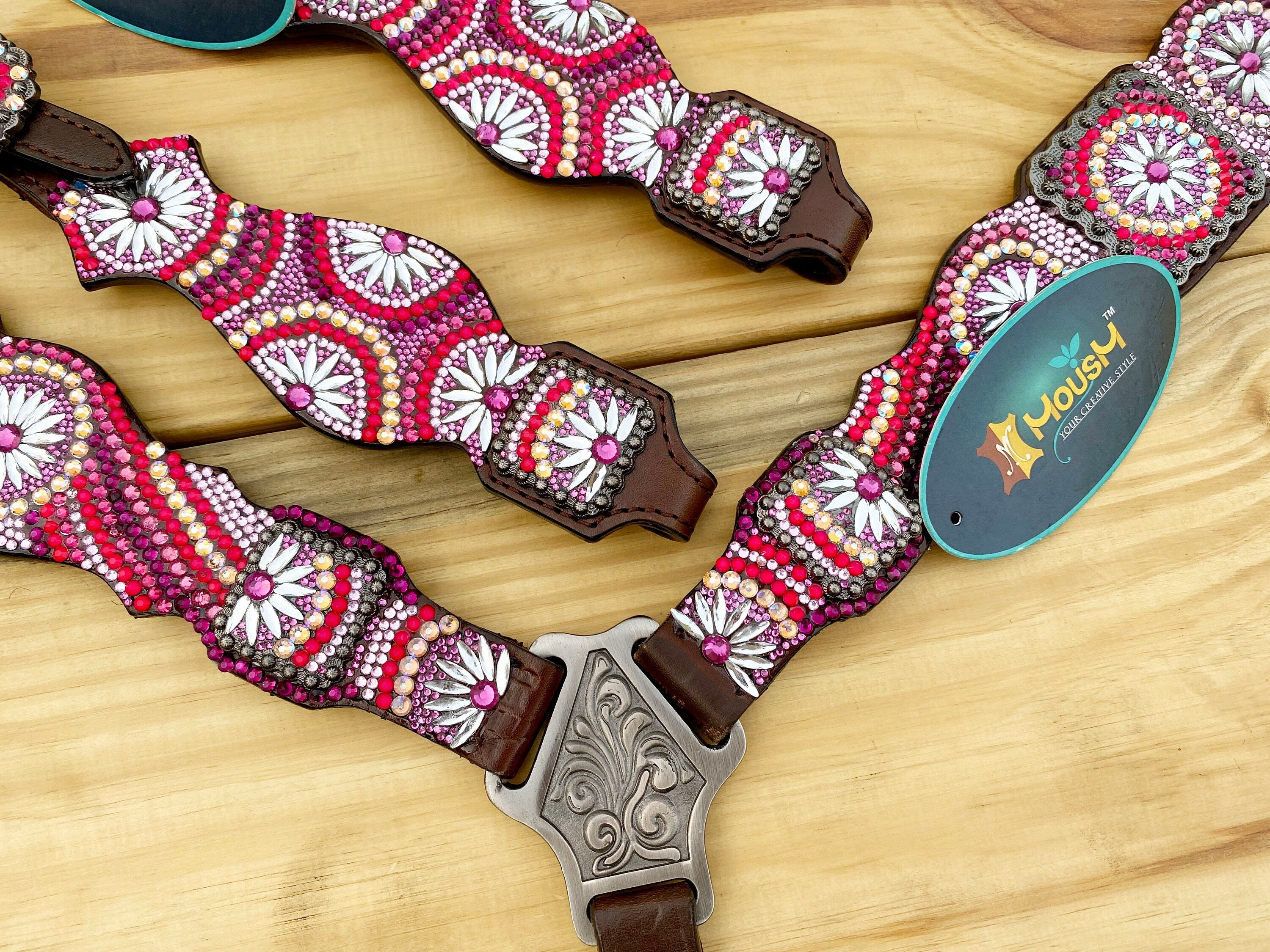 MOUSM Western Bridle and Breast Collar Set - Made with Argentina Cow Leather Decorated with Orange, Red, Silver, and Black Stones in a Gorgeous Embroidery Circle and Chakra Look, Matching Conchos