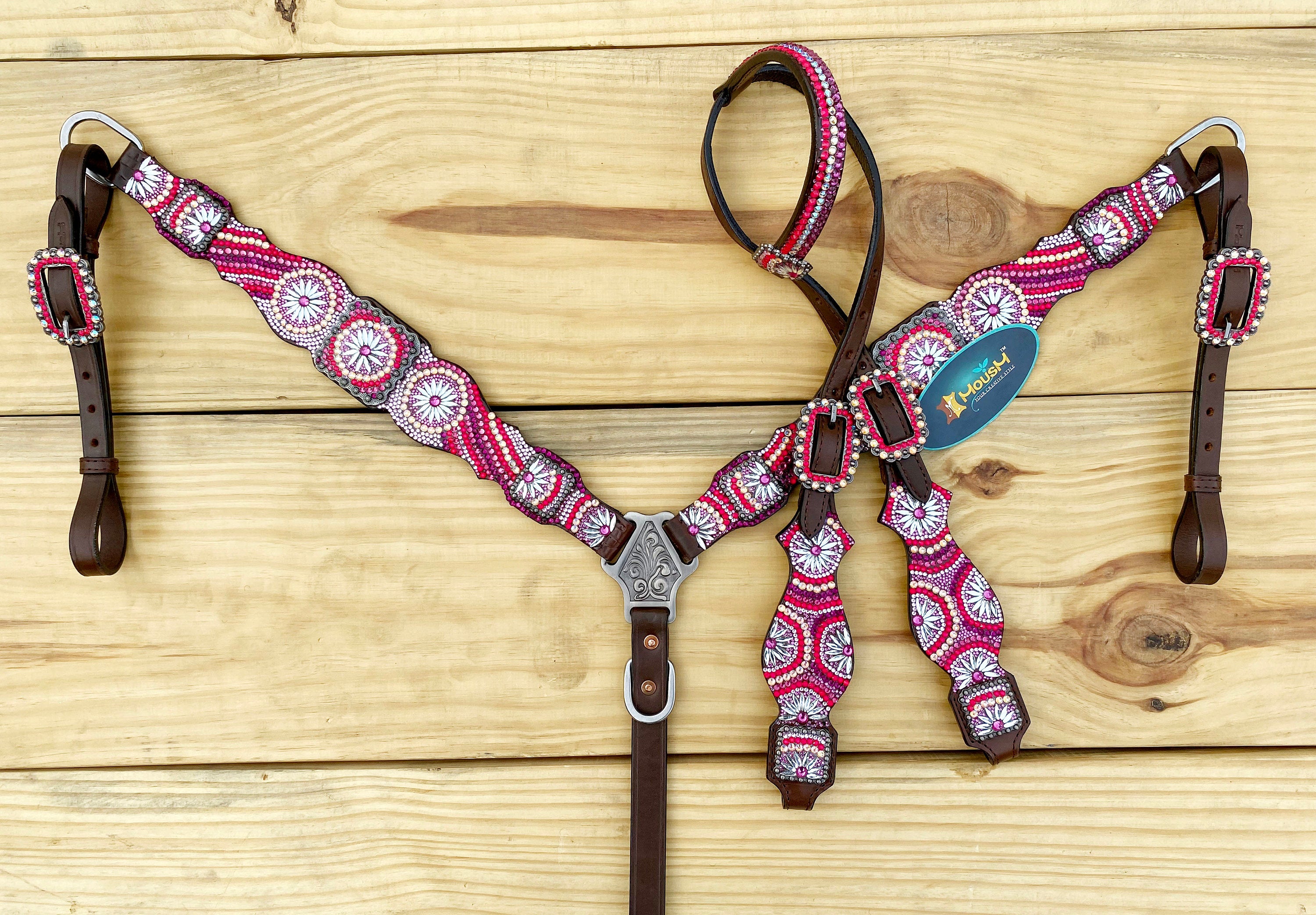 MOUSM Western Bridle and Breast Collar Set - Made with Argentina Cow Leather Decorated with Orange, Red, Silver, and Black Stones in a Gorgeous Embroidery Circle and Chakra Look, Matching Conchos