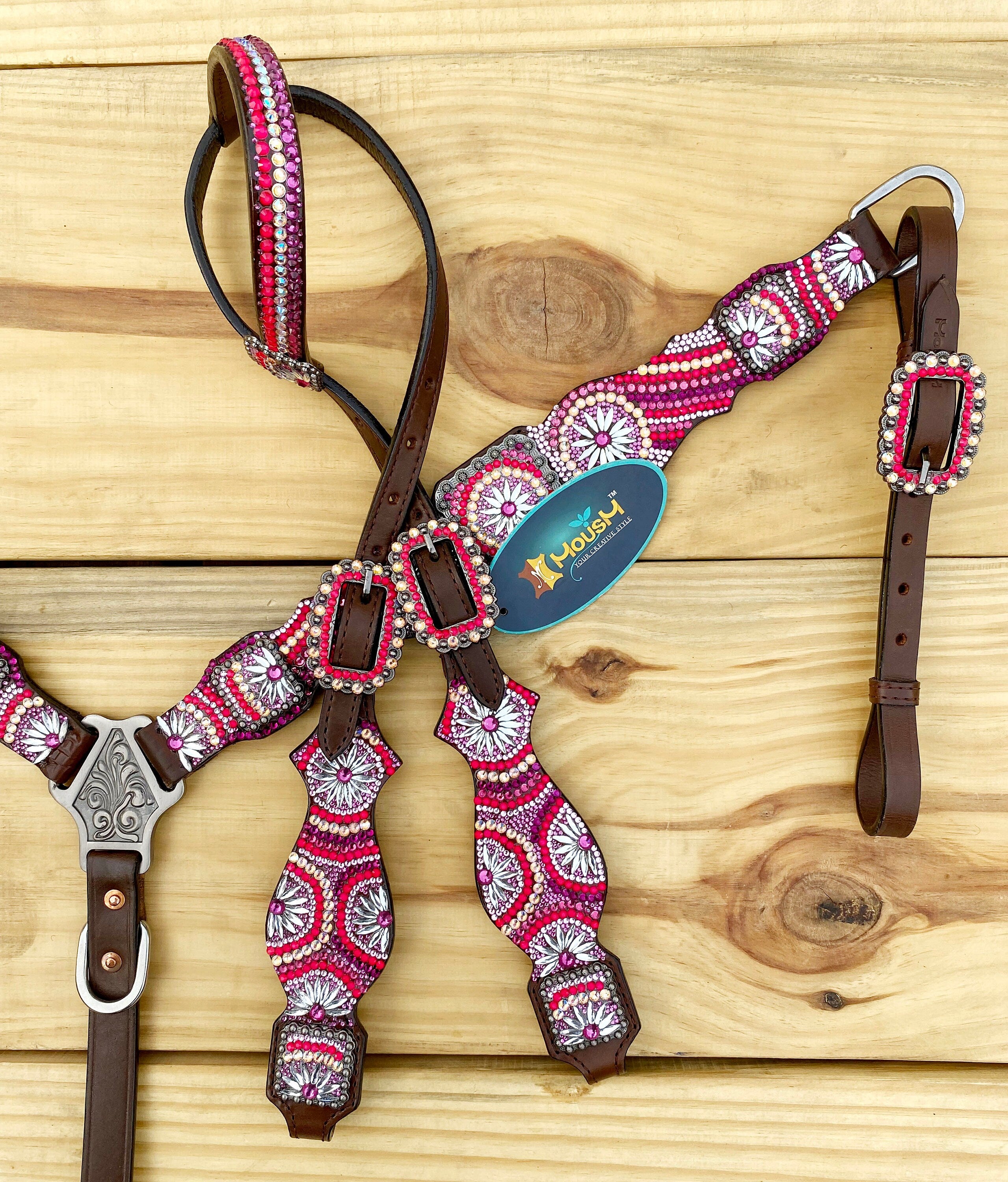 MOUSM Western Bridle and Breast Collar Set - Made with Argentina Cow Leather Decorated with Orange, Red, Silver, and Black Stones in a Gorgeous Embroidery Circle and Chakra Look, Matching Conchos