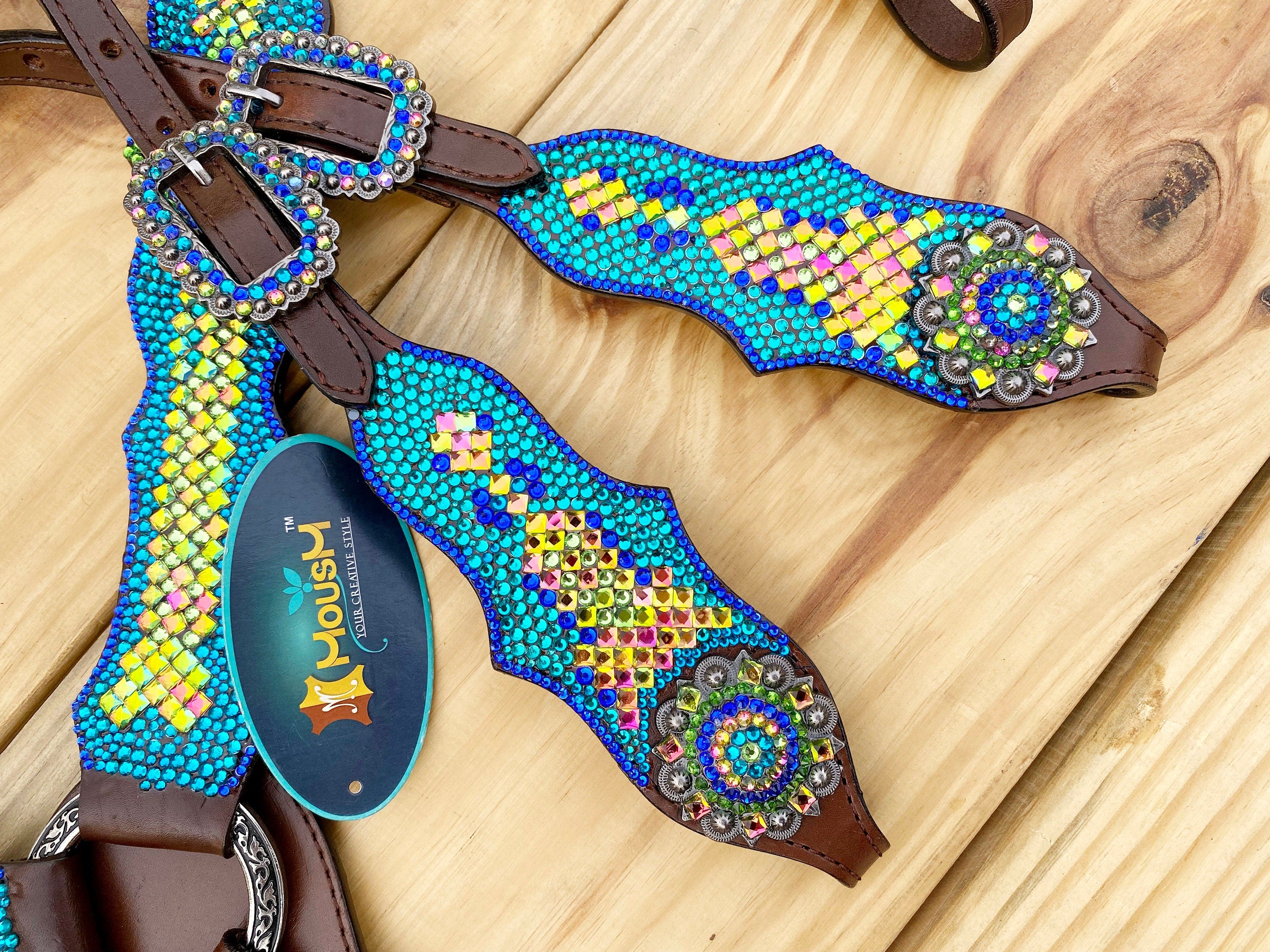 MOUSM Argentina Cow Leather Western Bridle and Breast Collar Set - Decorated with Blue, Turquoise, Green Yellow and Pink rhinestones flower concho