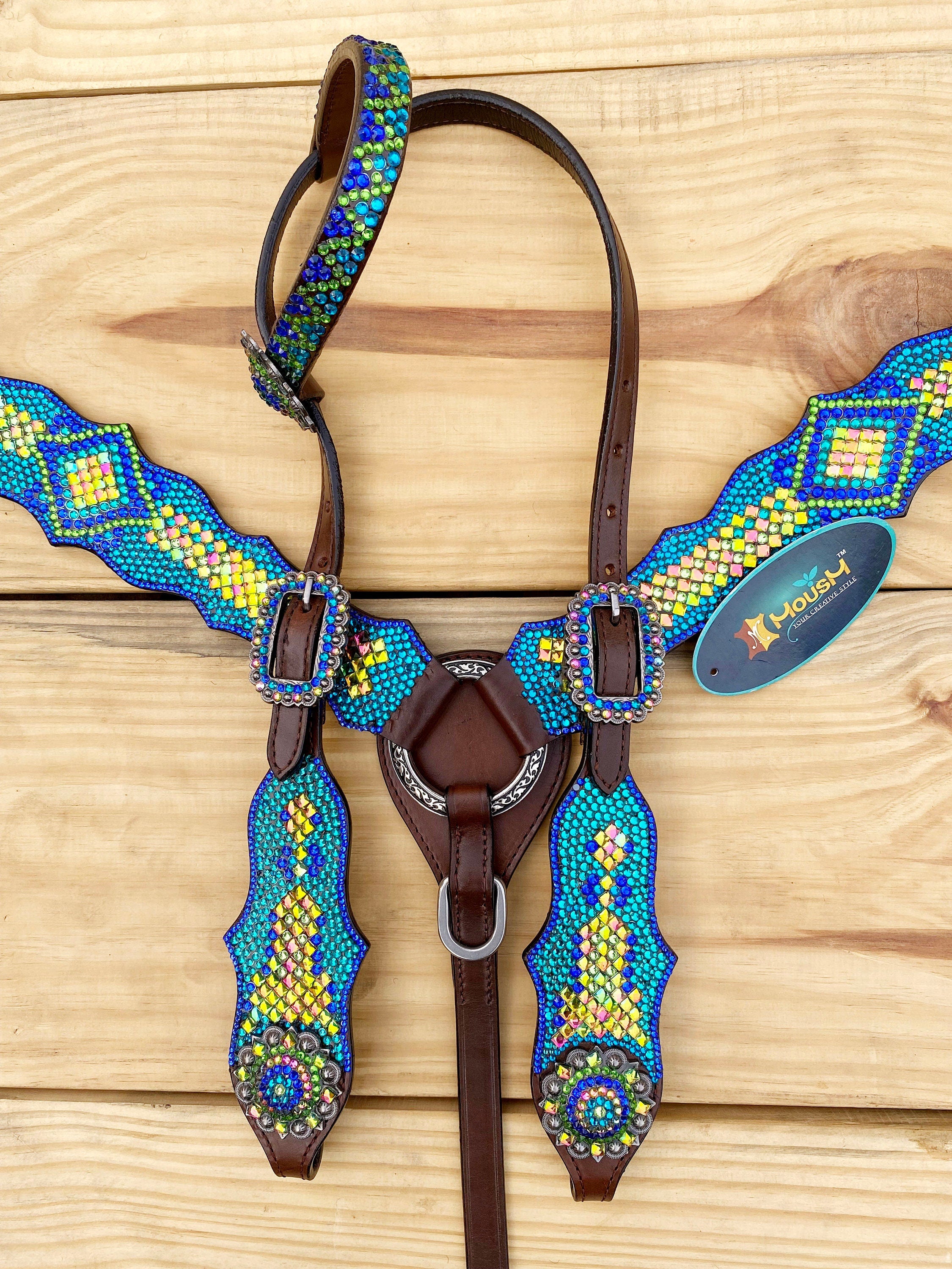 MOUSM Argentina Cow Leather Western Bridle and Breast Collar Set - Decorated with Blue, Turquoise, Green Yellow and Pink rhinestones flower concho