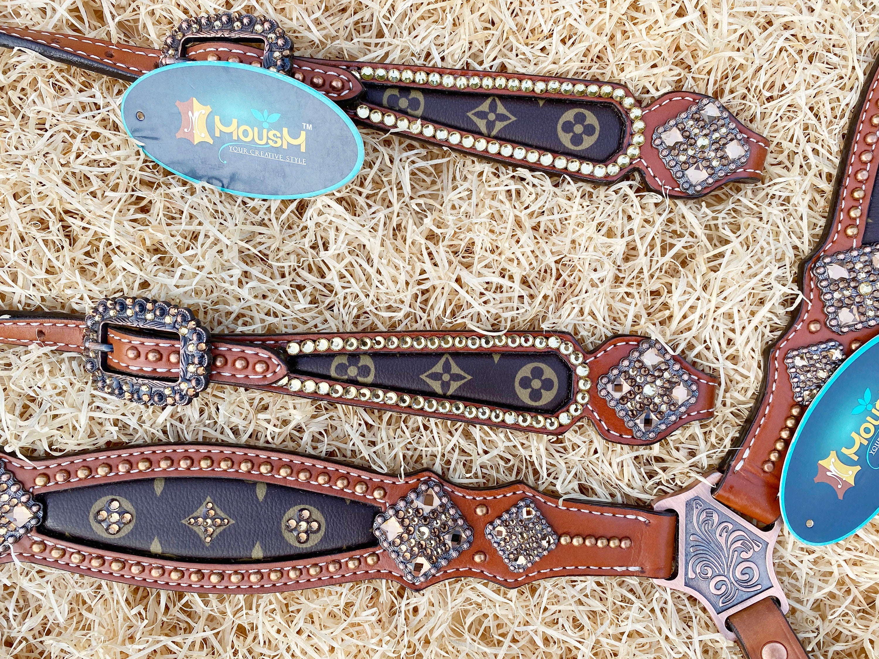 MOUSM Western Headstall and Breast Collar Set – Printed Inlay with Silver Rhinestones & Handcrafted Diamond-Shaped Conchos