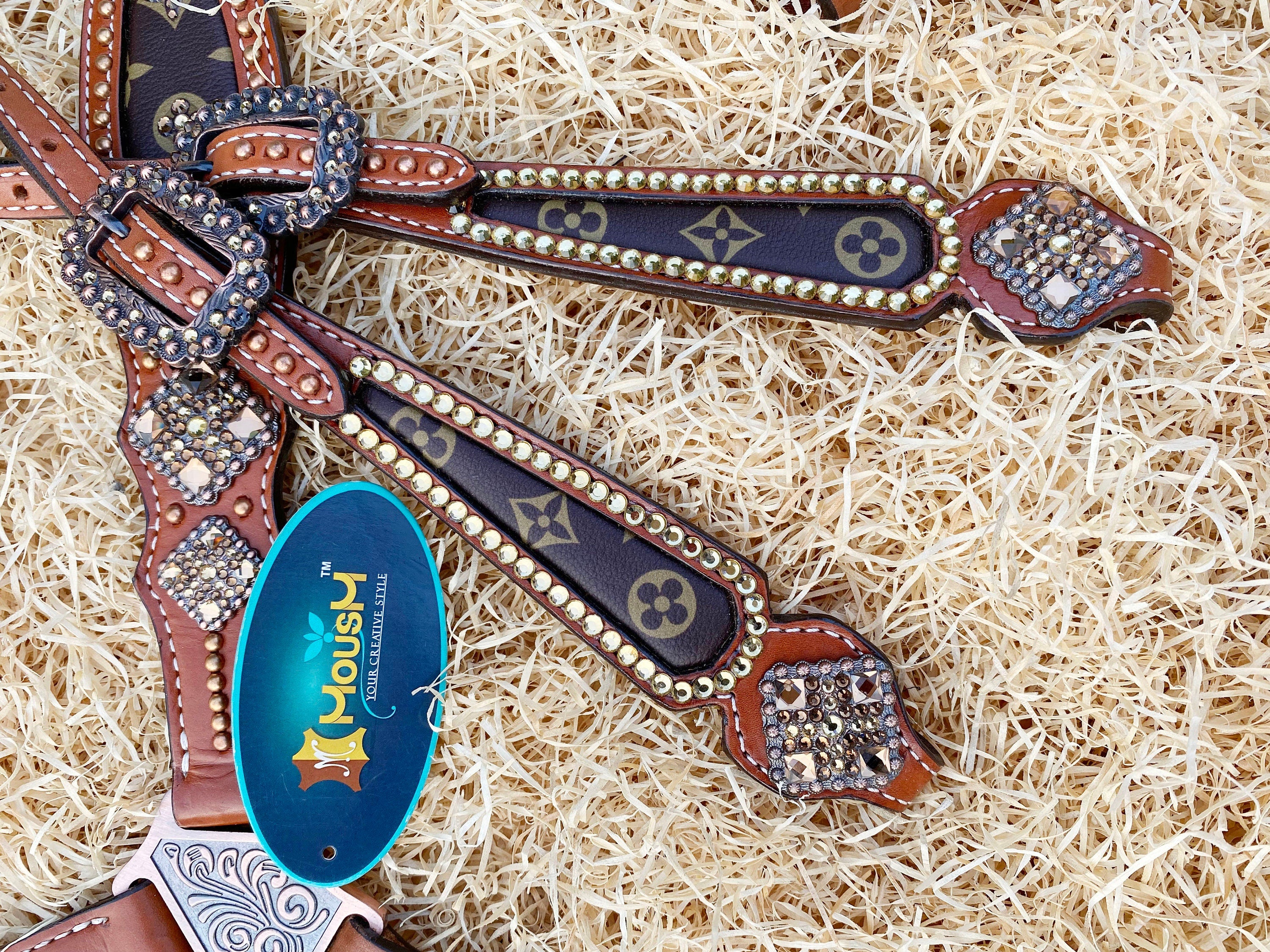 MOUSM Western Headstall and Breast Collar Set – Printed Inlay with Silver Rhinestones & Handcrafted Diamond-Shaped Conchos