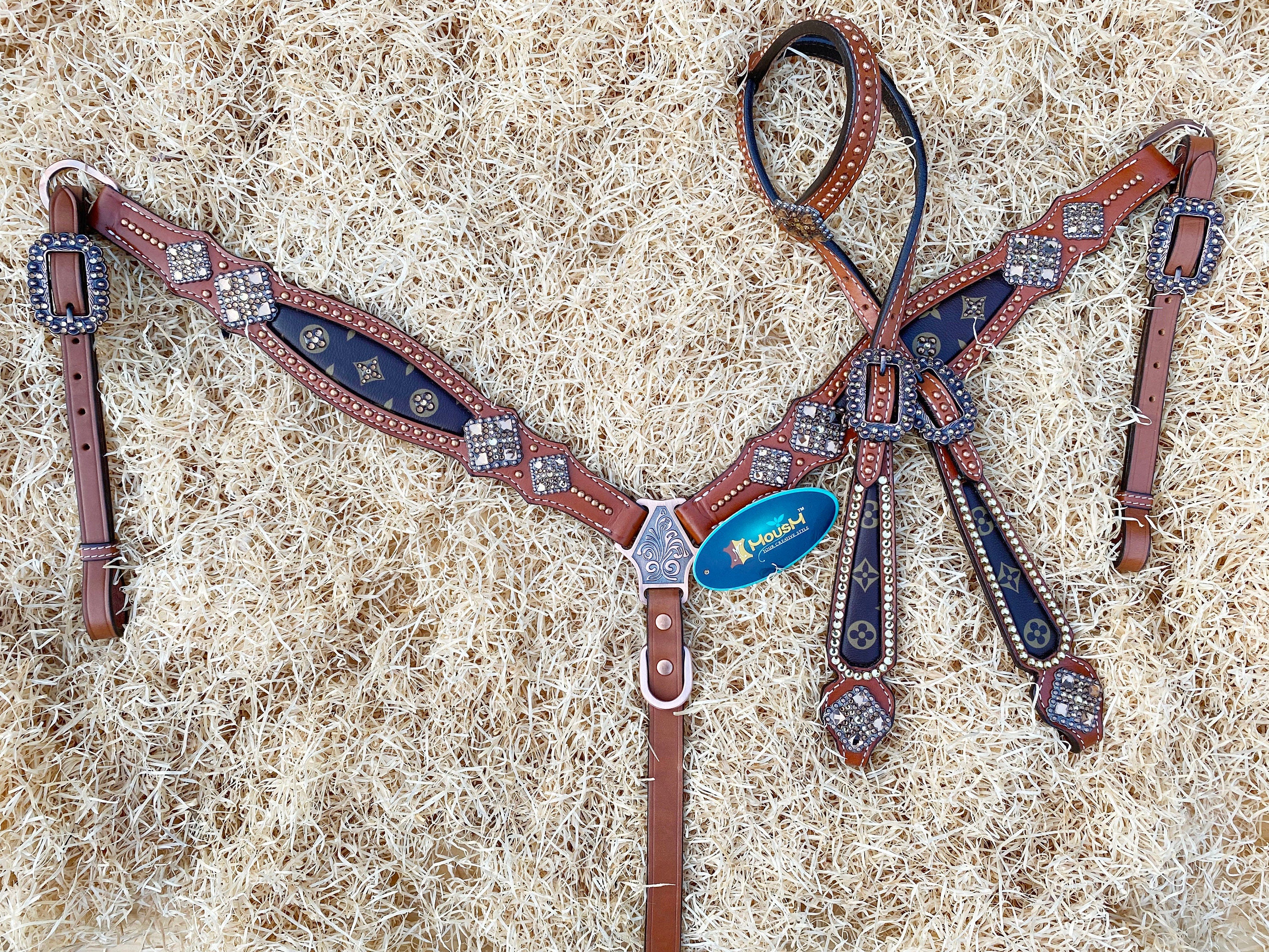 MOUSM Western Headstall and Breast Collar Set – Printed Inlay with Silver Rhinestones & Handcrafted Diamond-Shaped Conchos