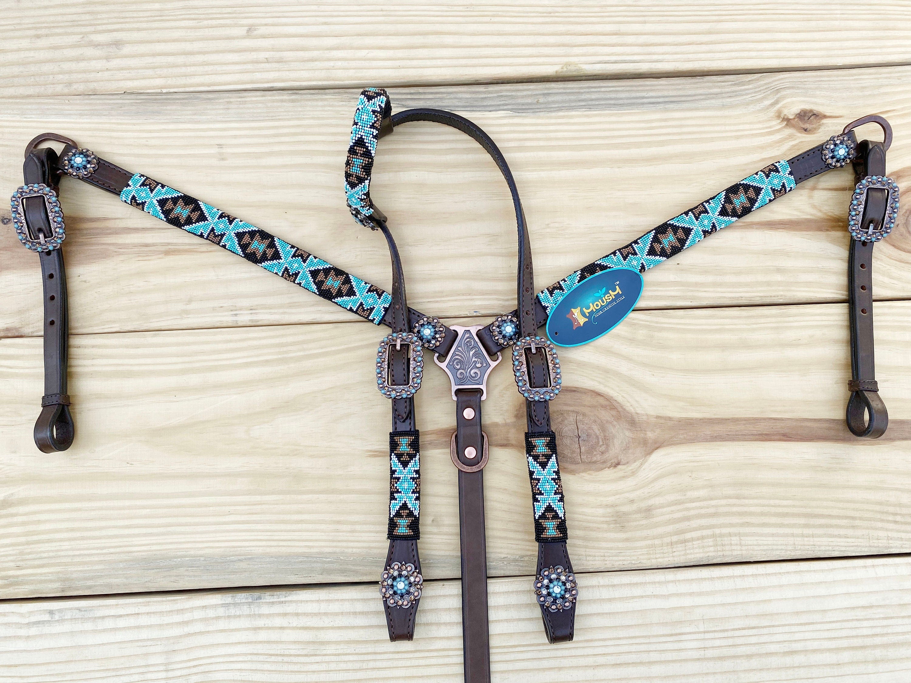 Leather Headstall and Breast Collar with Wither Strap Western Leather Tack Set for the horse with turquoise brown Beaded inlay and Concho