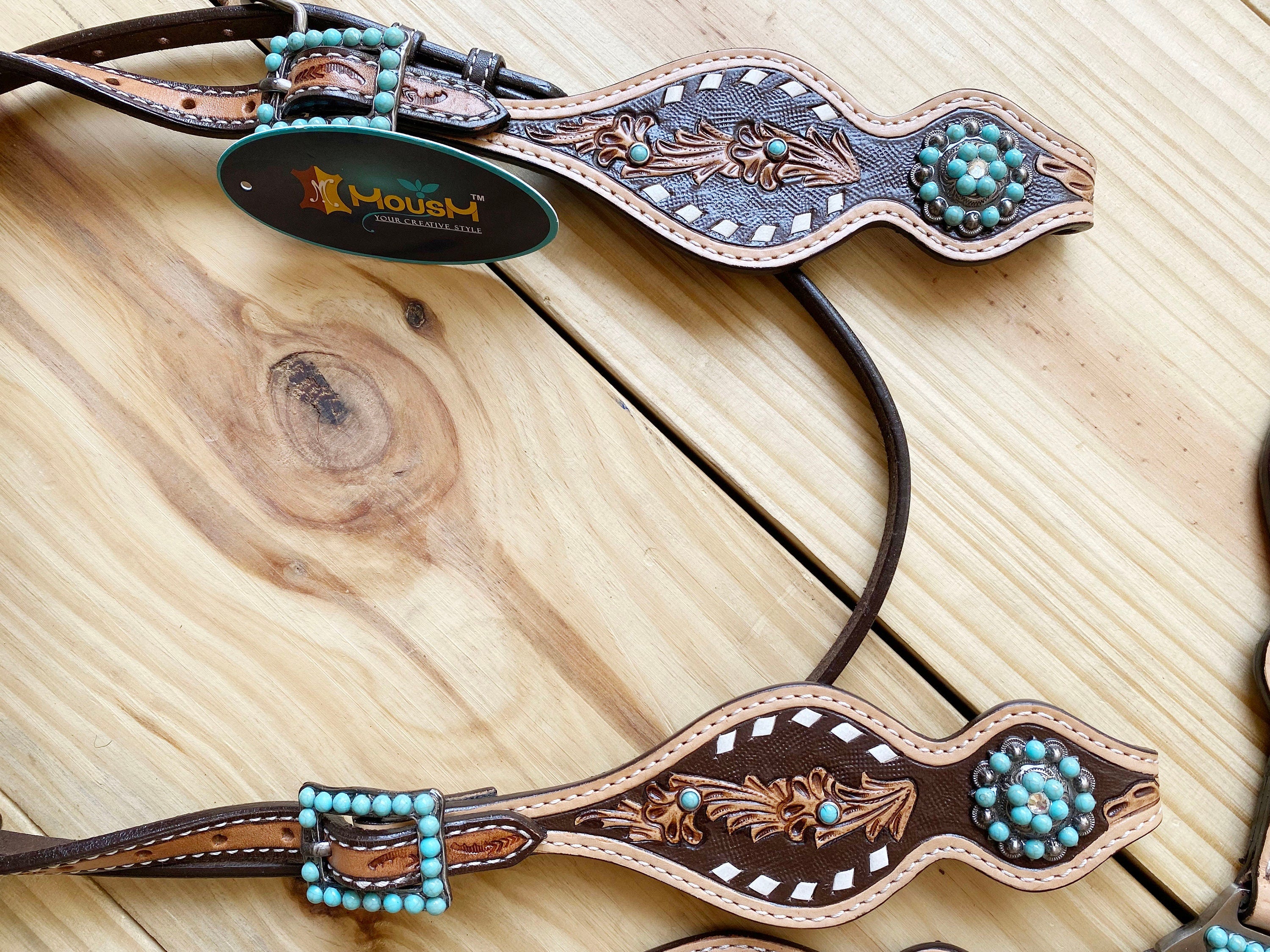 MOUSM Browband Headstall and Breast Collar Set - Argentina Cow Leather Western Horse Bridle Breast Collar Set Decorated with Hand - Carved Design and Buck Stitching, Turquoise Stone Concho