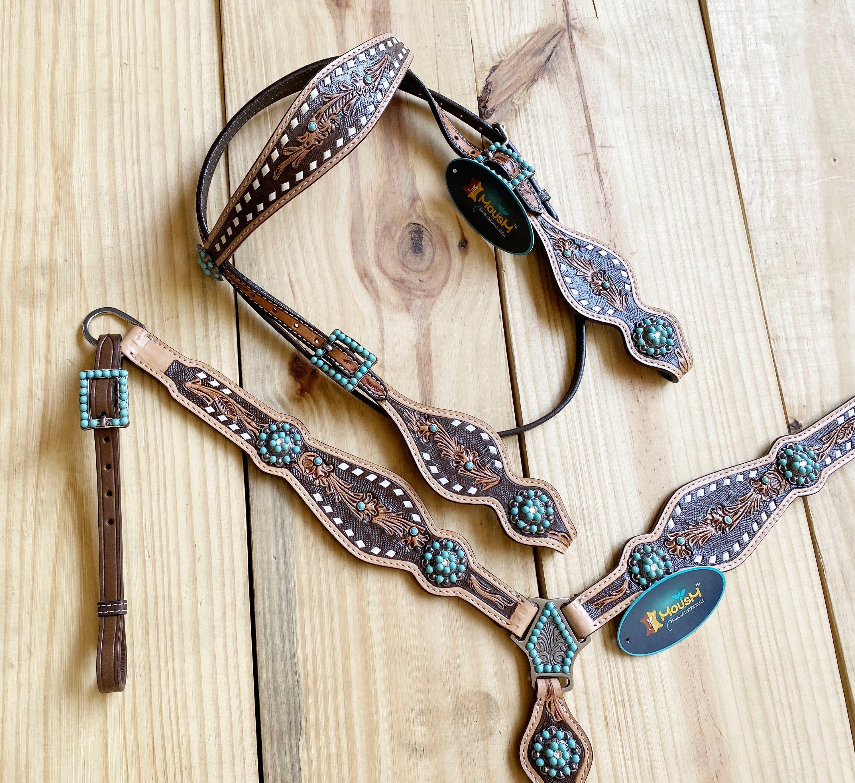 MOUSM Browband Headstall and Breast Collar Set - Argentina Cow Leather Western Horse Bridle Breast Collar Set Decorated with Hand - Carved Design and Buck Stitching, Turquoise Stone Concho
