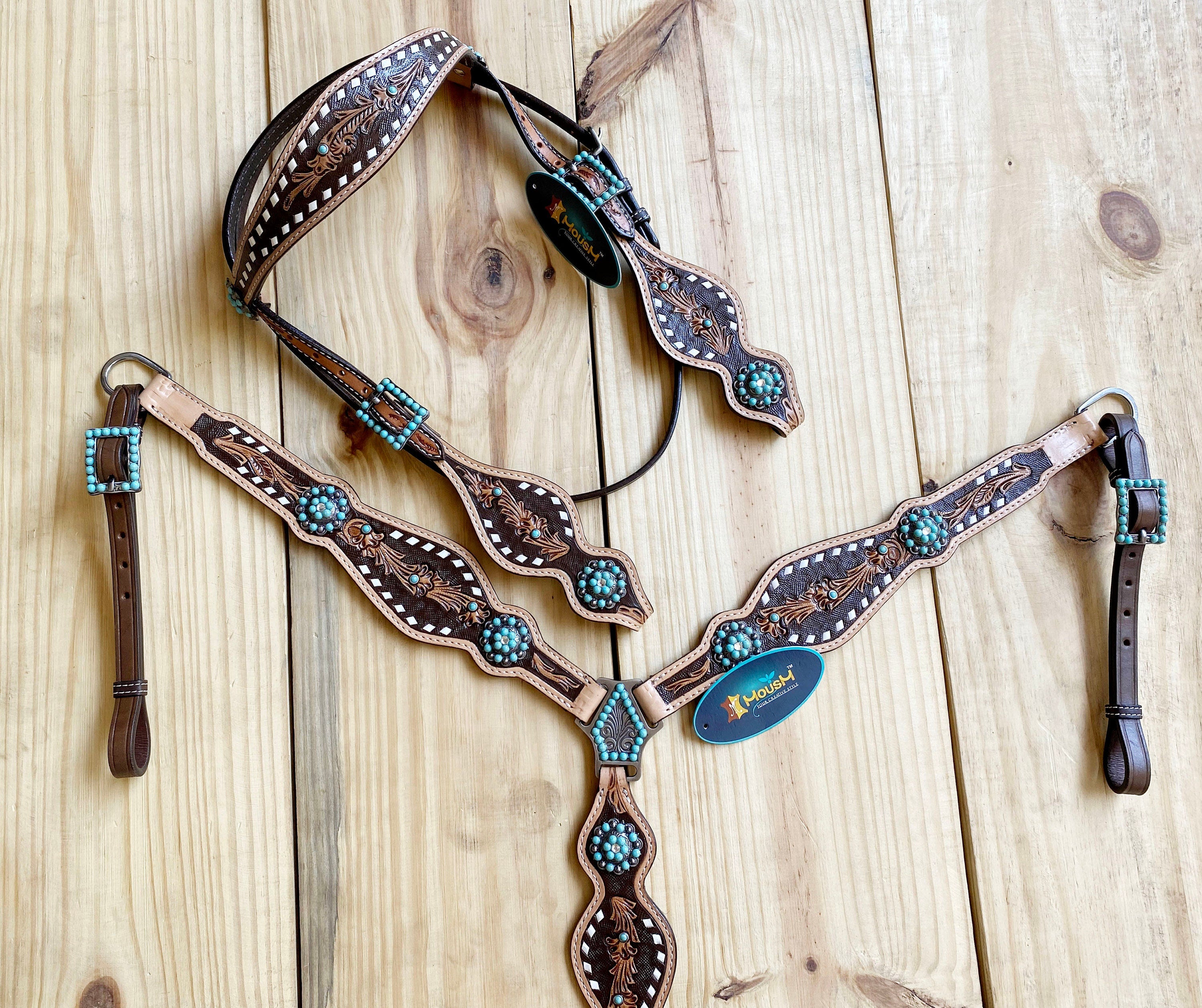 MOUSM Browband Headstall and Breast Collar Set - Argentina Cow Leather Western Horse Bridle Breast Collar Set Decorated with Hand - Carved Design and Buck Stitching, Turquoise Stone Concho