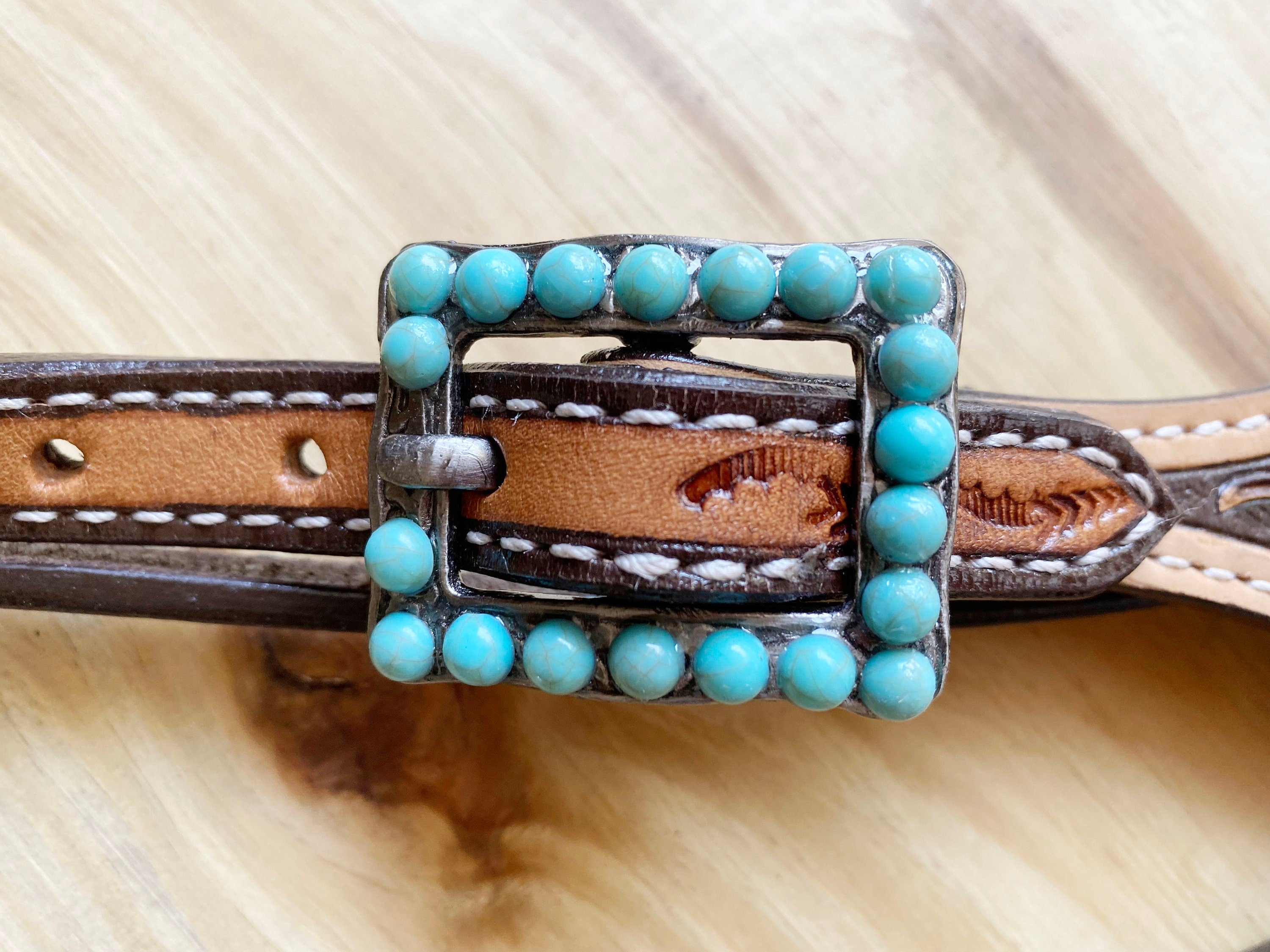 MOUSM Browband Headstall and Breast Collar Set - Argentina Cow Leather Western Horse Bridle Breast Collar Set Decorated with Hand - Carved Design and Buck Stitching, Turquoise Stone Concho