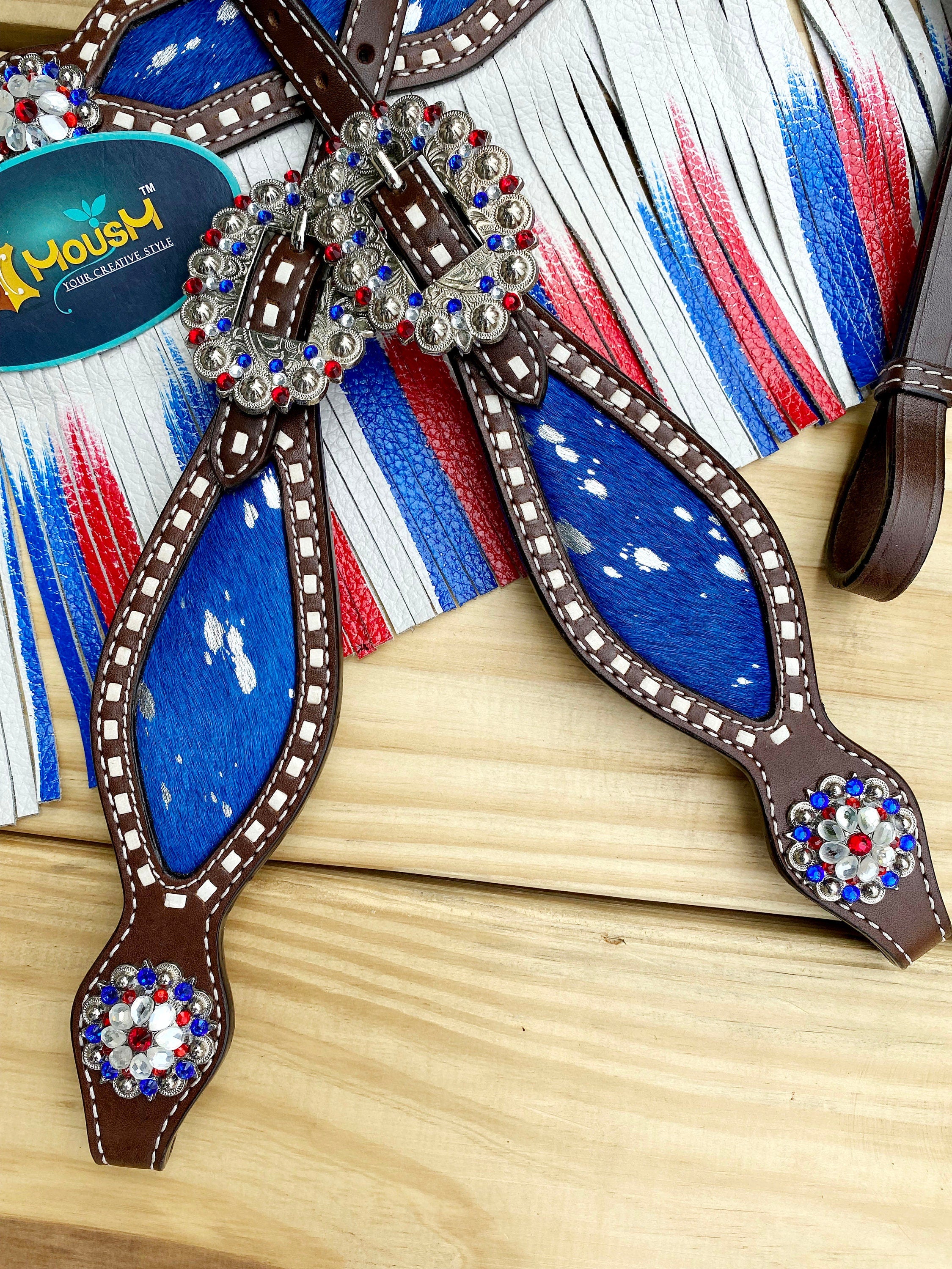 MOUSM 4th July Western Leather Headstall & Breast Collar Set – Independence Western Headstall Tack Decorated Patriotic USA Flag Fringe Design with Metallic Acid Wash Cowhide Inlay & Matching Rhinestones