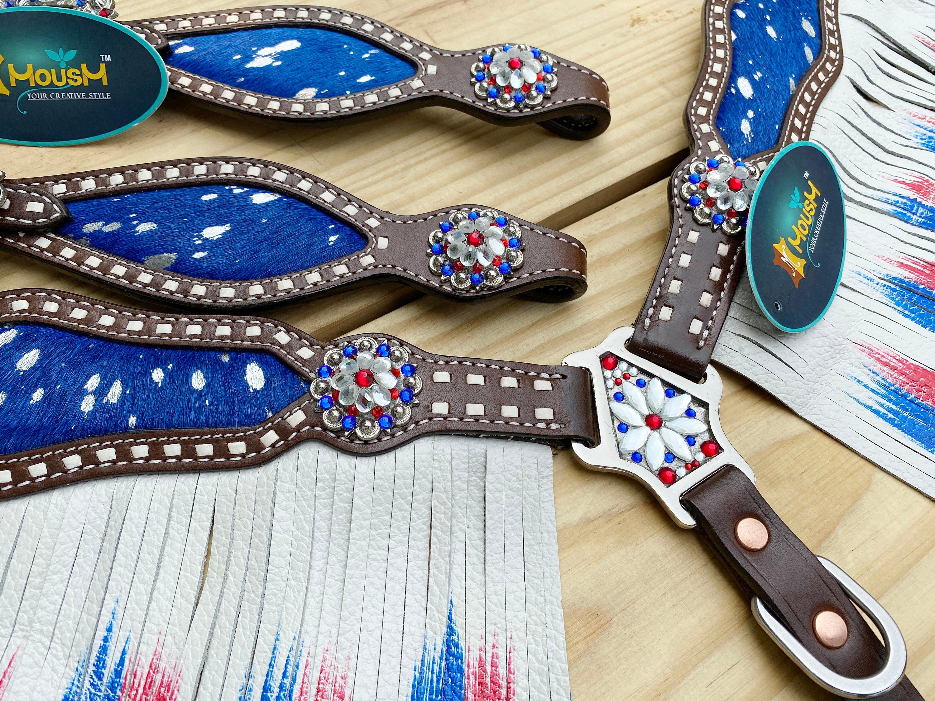 MOUSM 4th July Western Leather Headstall & Breast Collar Set – Independence Western Headstall Tack Decorated Patriotic USA Flag Fringe Design with Metallic Acid Wash Cowhide Inlay & Matching Rhinestones