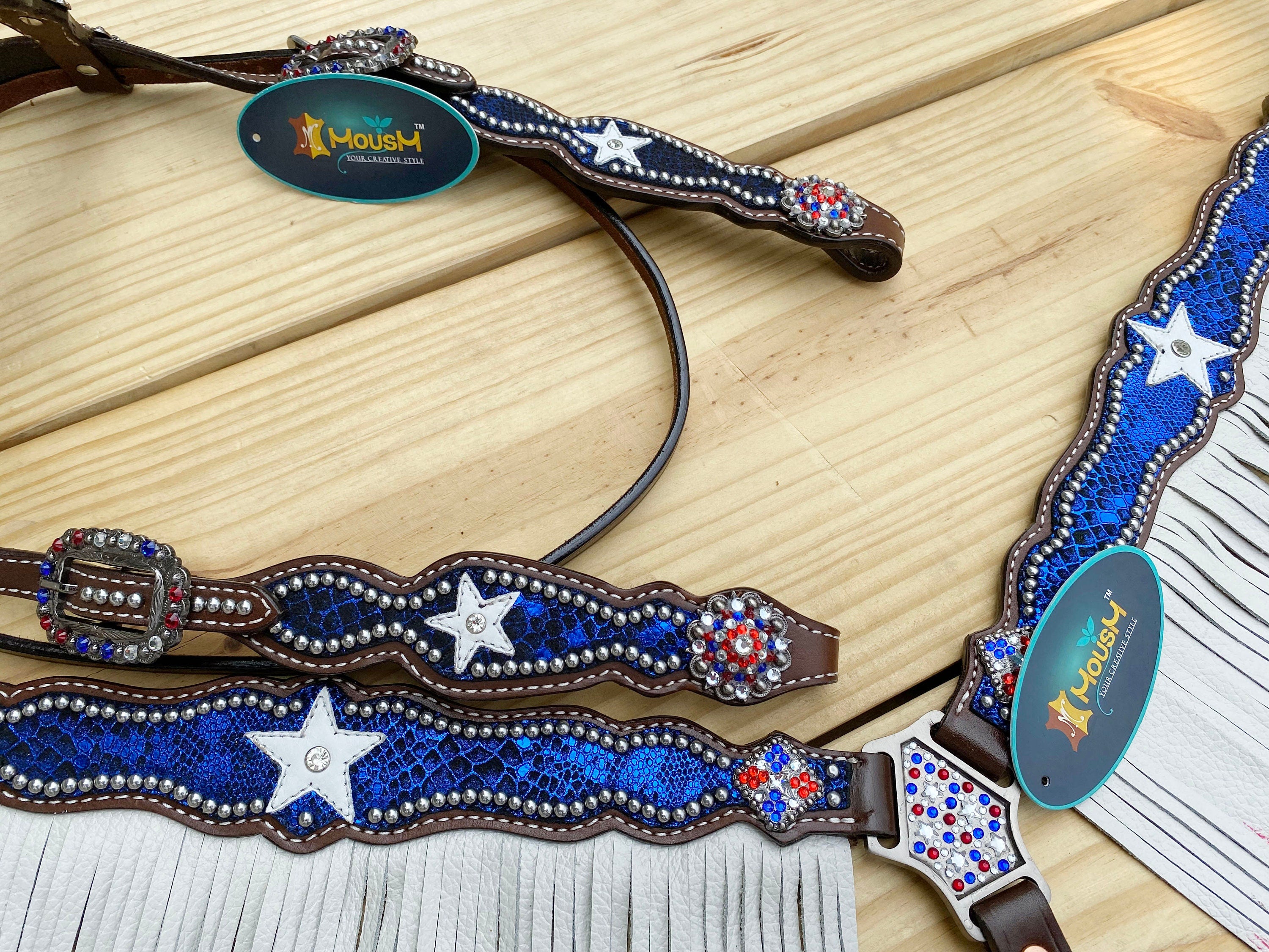 MOUSM 4th of July Western Leather Headstall & Breast Collar Set – Browband Headstall Decorated Patriotic USA Star on Alligator Print & Flag Fringe Design