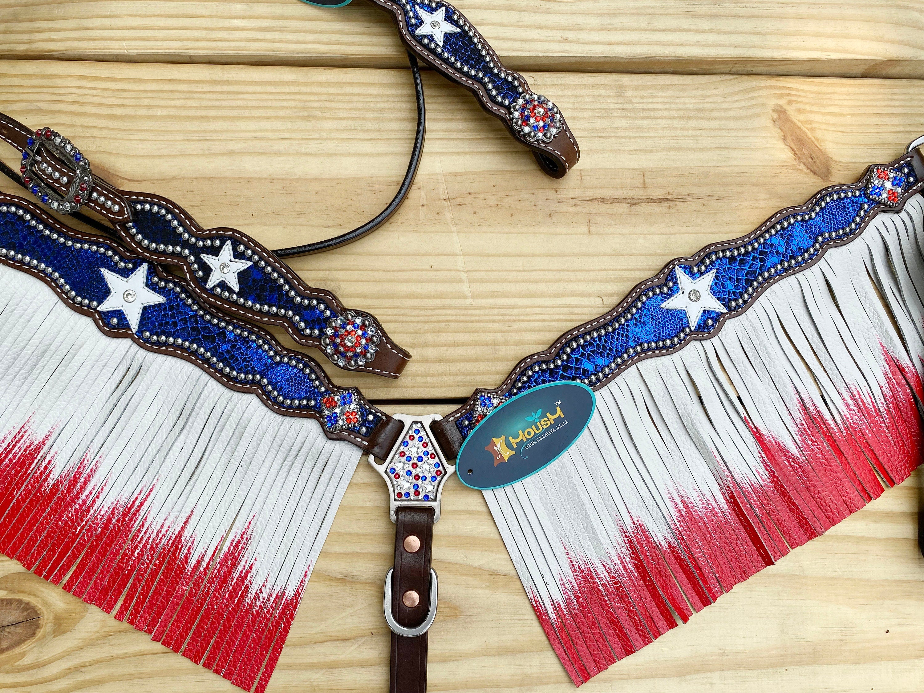 MOUSM 4th of July Western Leather Headstall & Breast Collar Set – Browband Headstall Decorated Patriotic USA Star on Alligator Print & Flag Fringe Design