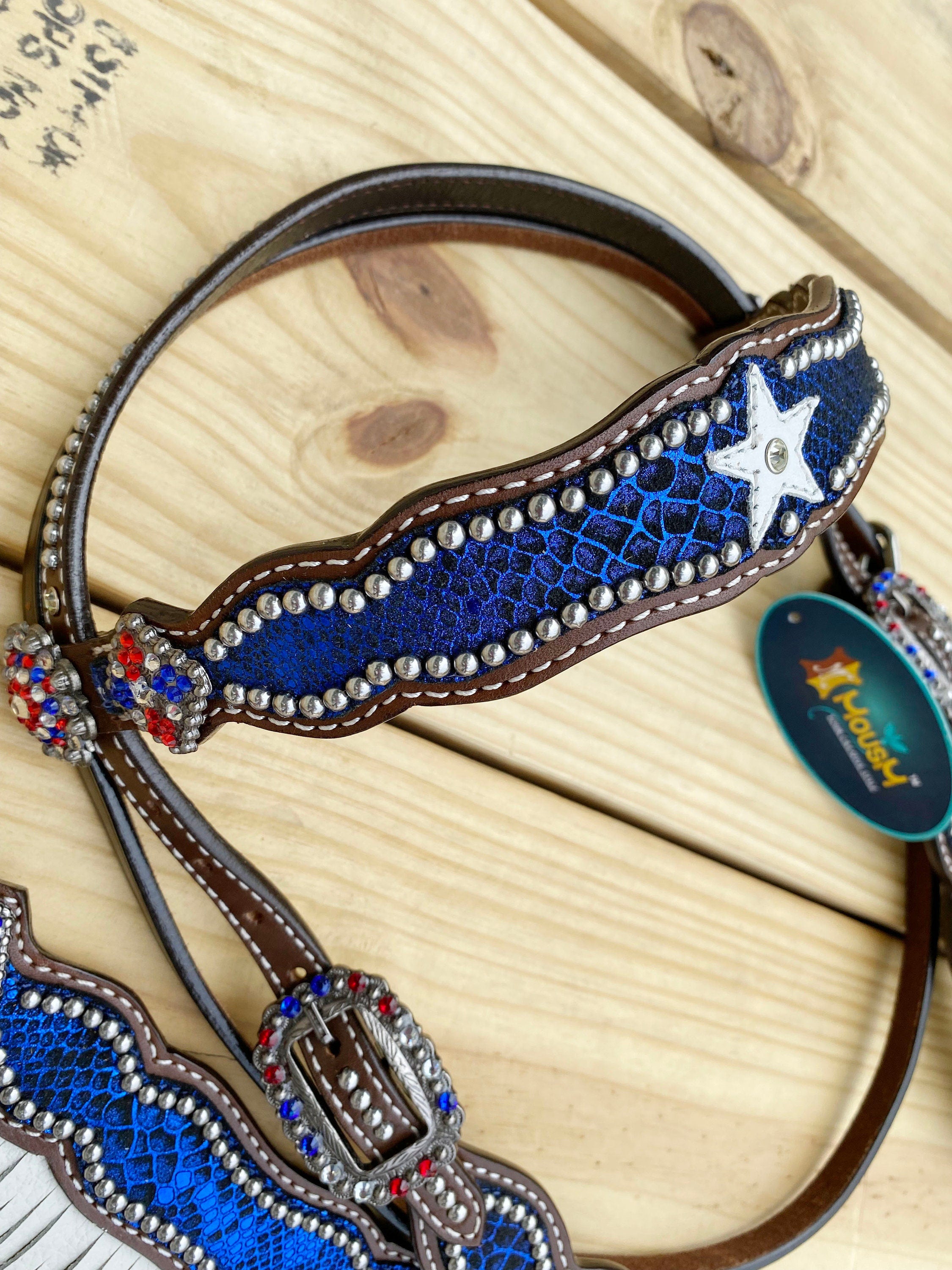 MOUSM 4th of July Western Leather Headstall & Breast Collar Set – Browband Headstall Decorated Patriotic USA Star on Alligator Print & Flag Fringe Design