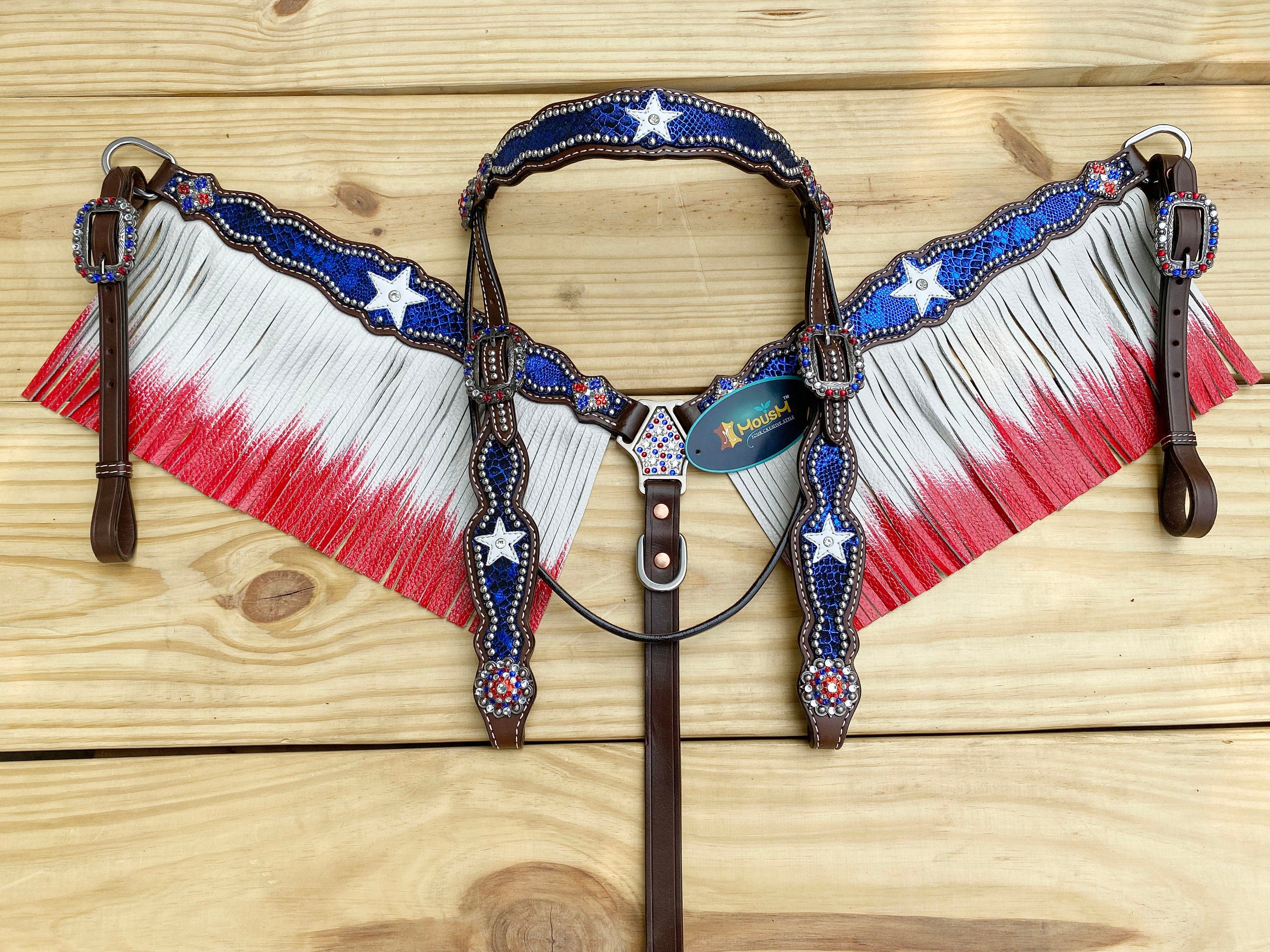 MOUSM 4th of July Western Leather Headstall & Breast Collar Set – Browband Headstall Decorated Patriotic USA Star on Alligator Print & Flag Fringe Design