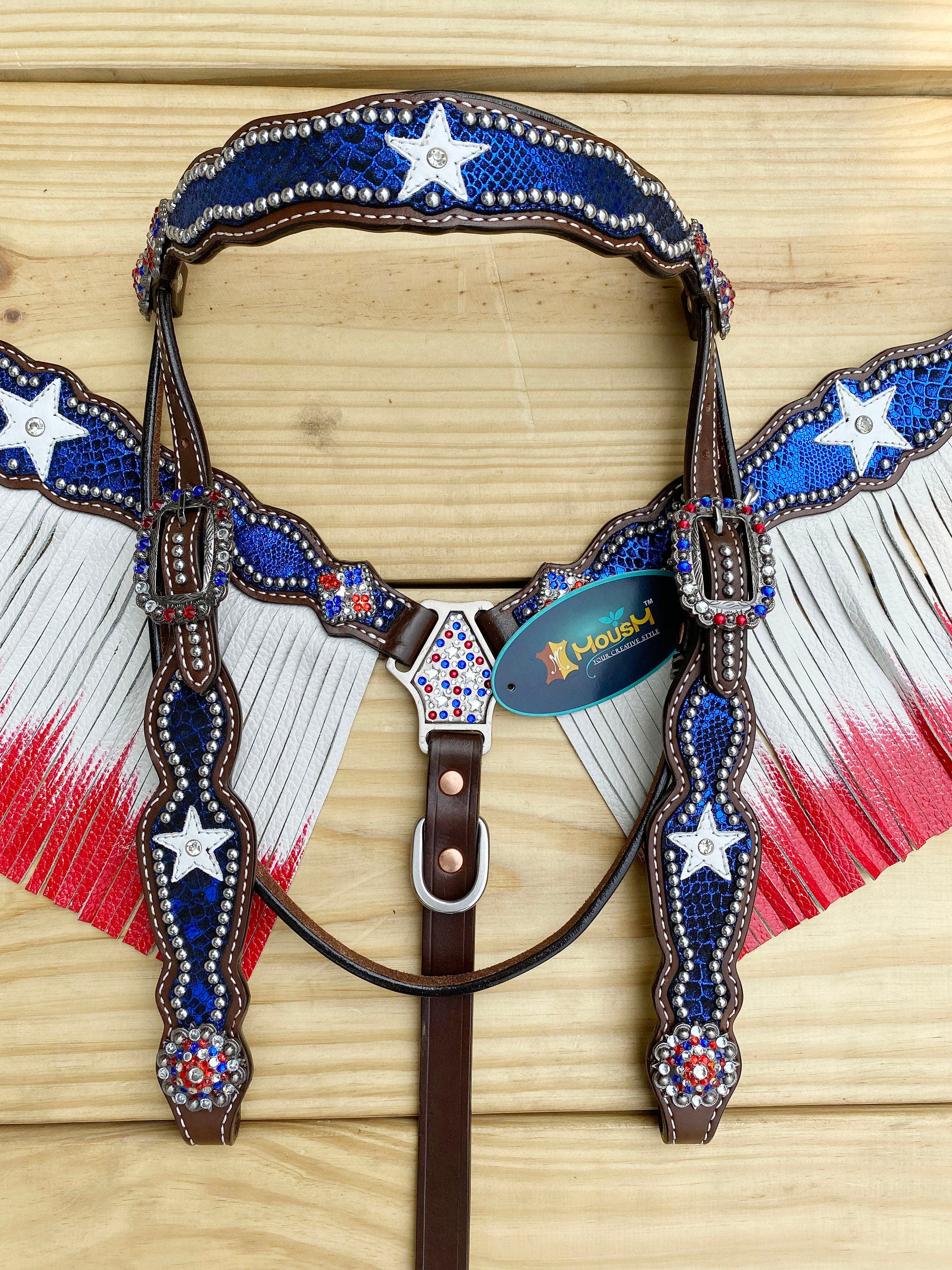 MOUSM 4th of July Western Leather Headstall & Breast Collar Set – Browband Headstall Decorated Patriotic USA Star on Alligator Print & Flag Fringe Design