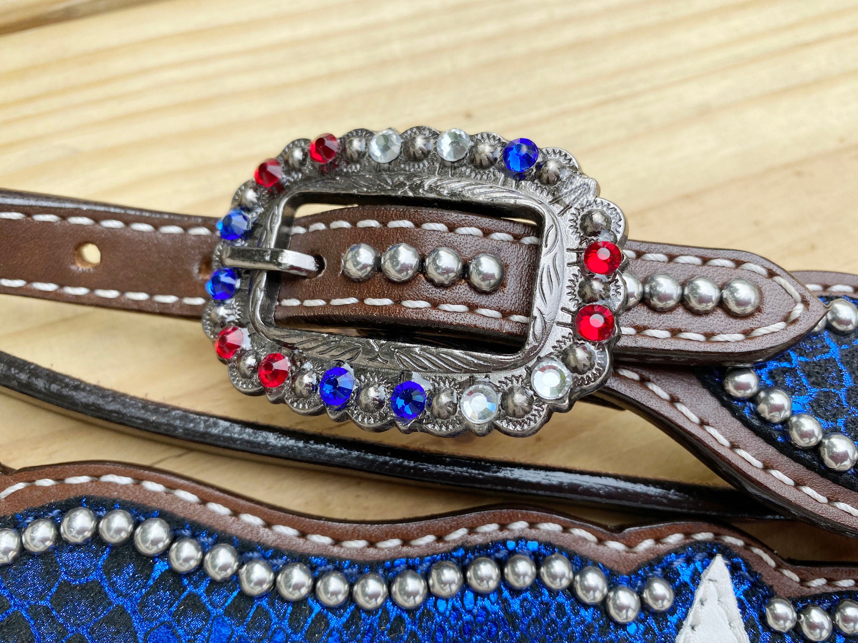 MOUSM 4th of July Western Leather Headstall & Breast Collar Set – Browband Headstall Decorated Patriotic USA Star on Alligator Print & Flag Fringe Design