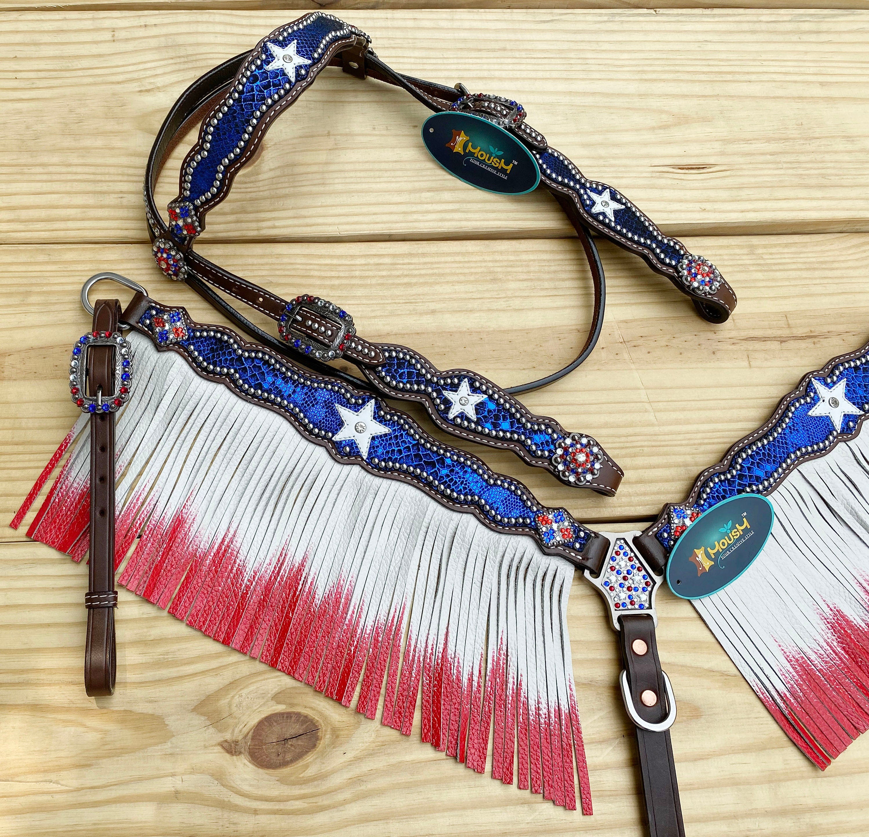 MOUSM 4th of July Western Leather Headstall & Breast Collar Set – Browband Headstall Decorated Patriotic USA Star on Alligator Print & Flag Fringe Design