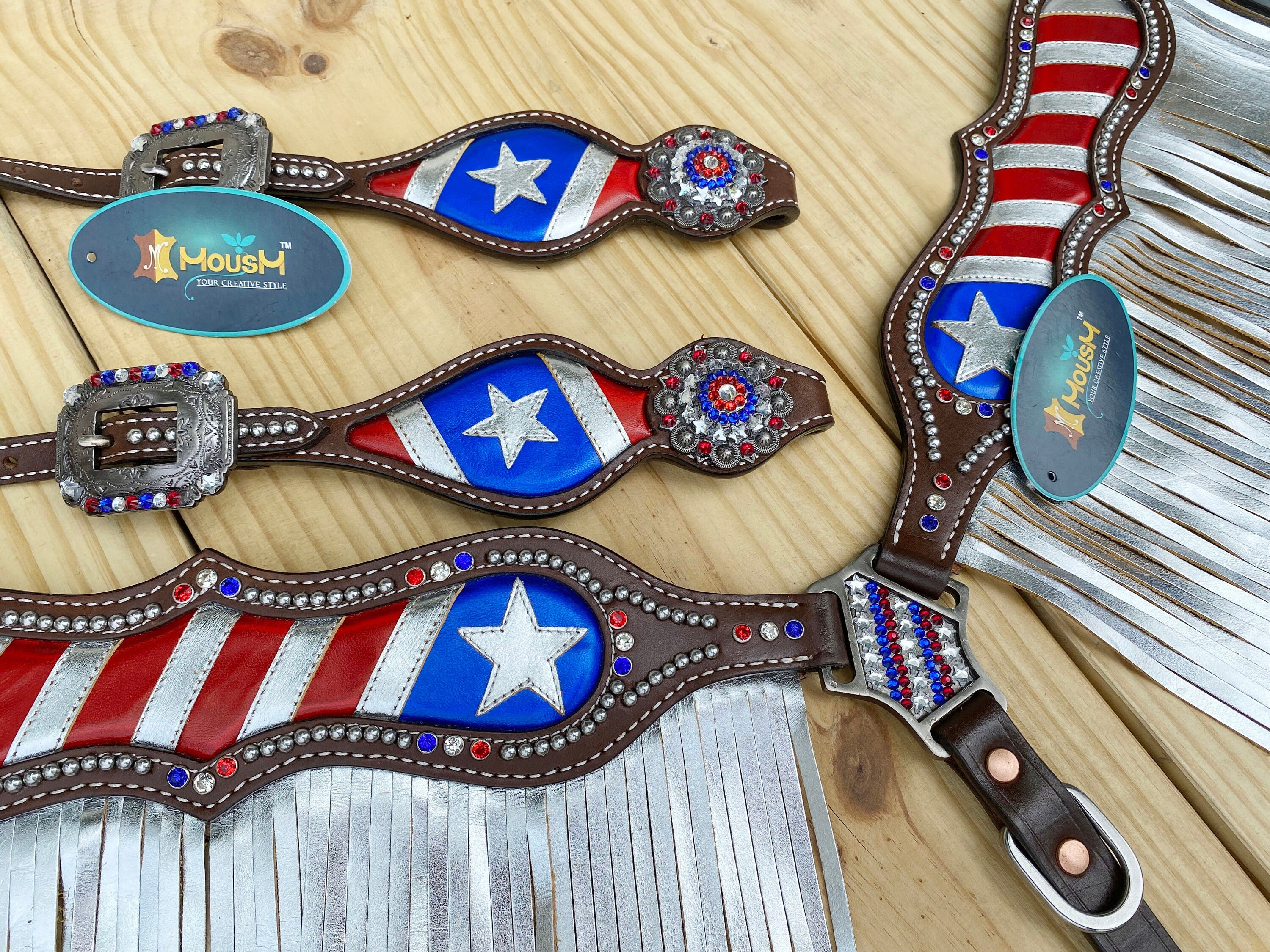 MOUSM 4th of July Western Headstall & Breast Collar Set – Independence Western Headstall Tack Patriotic USA Flag Design with Heroism Star & White Fringe