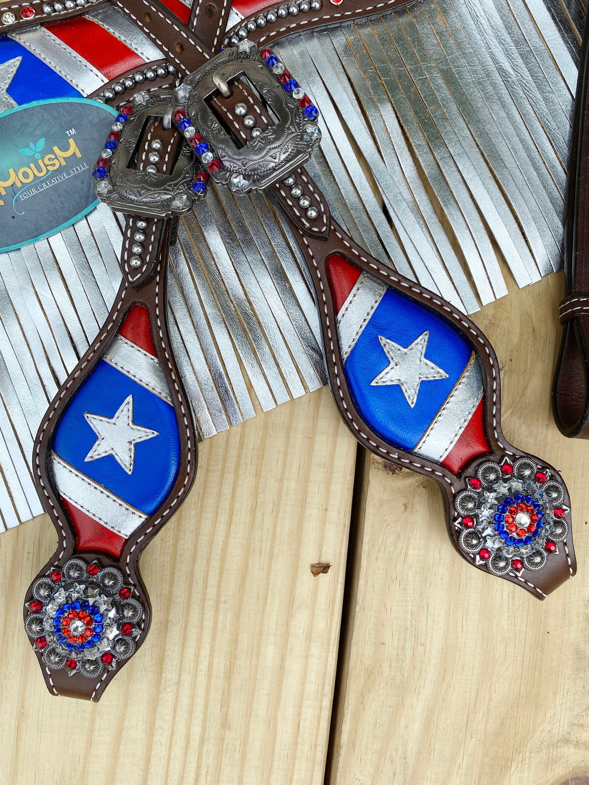 MOUSM 4th of July Western Headstall & Breast Collar Set – Independence Western Headstall Tack Patriotic USA Flag Design with Heroism Star & White Fringe
