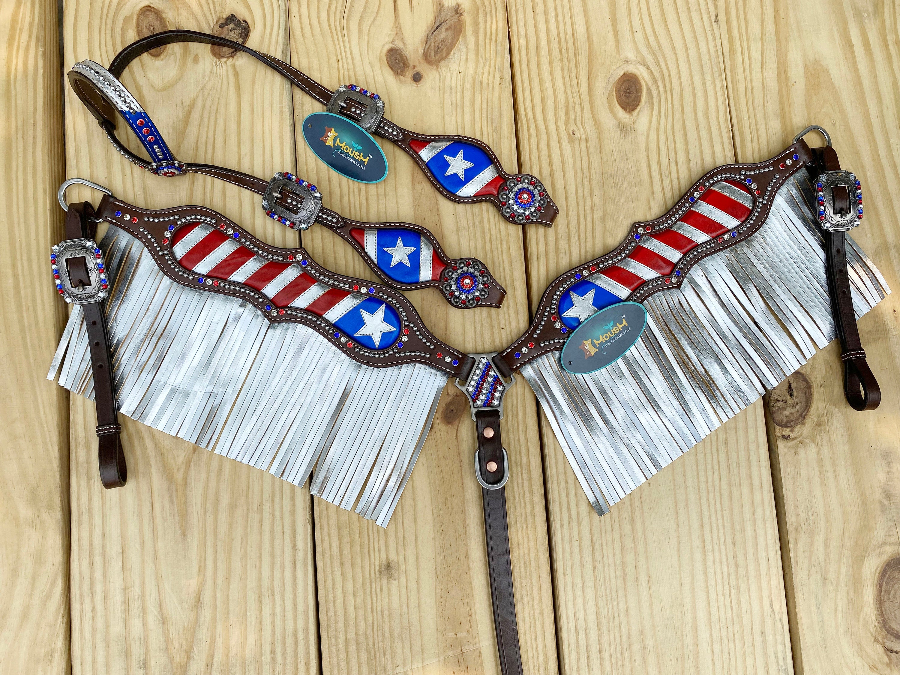 MOUSM 4th of July Western Headstall & Breast Collar Set – Independence Western Headstall Tack Patriotic USA Flag Design with Heroism Star & White Fringe