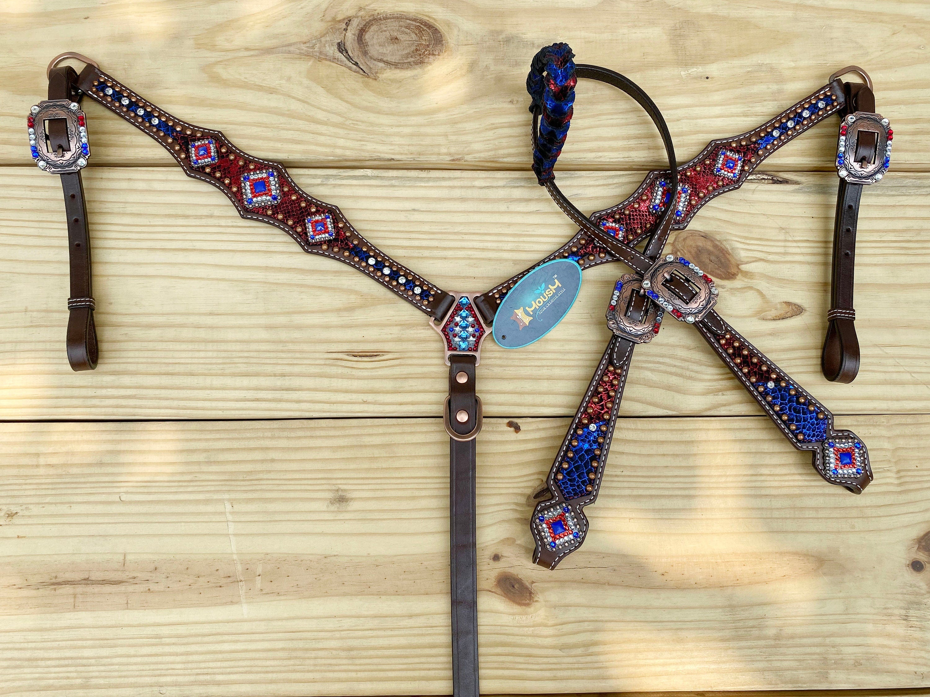 MOUSM 4th of July Western Headstall & Breast Collar Set – Patriotic Headstall Tack Decorated With Snake-Textured Leather, Shining USA Flag Color Inlay, Copper Studs, and Sparkling Rhinestones