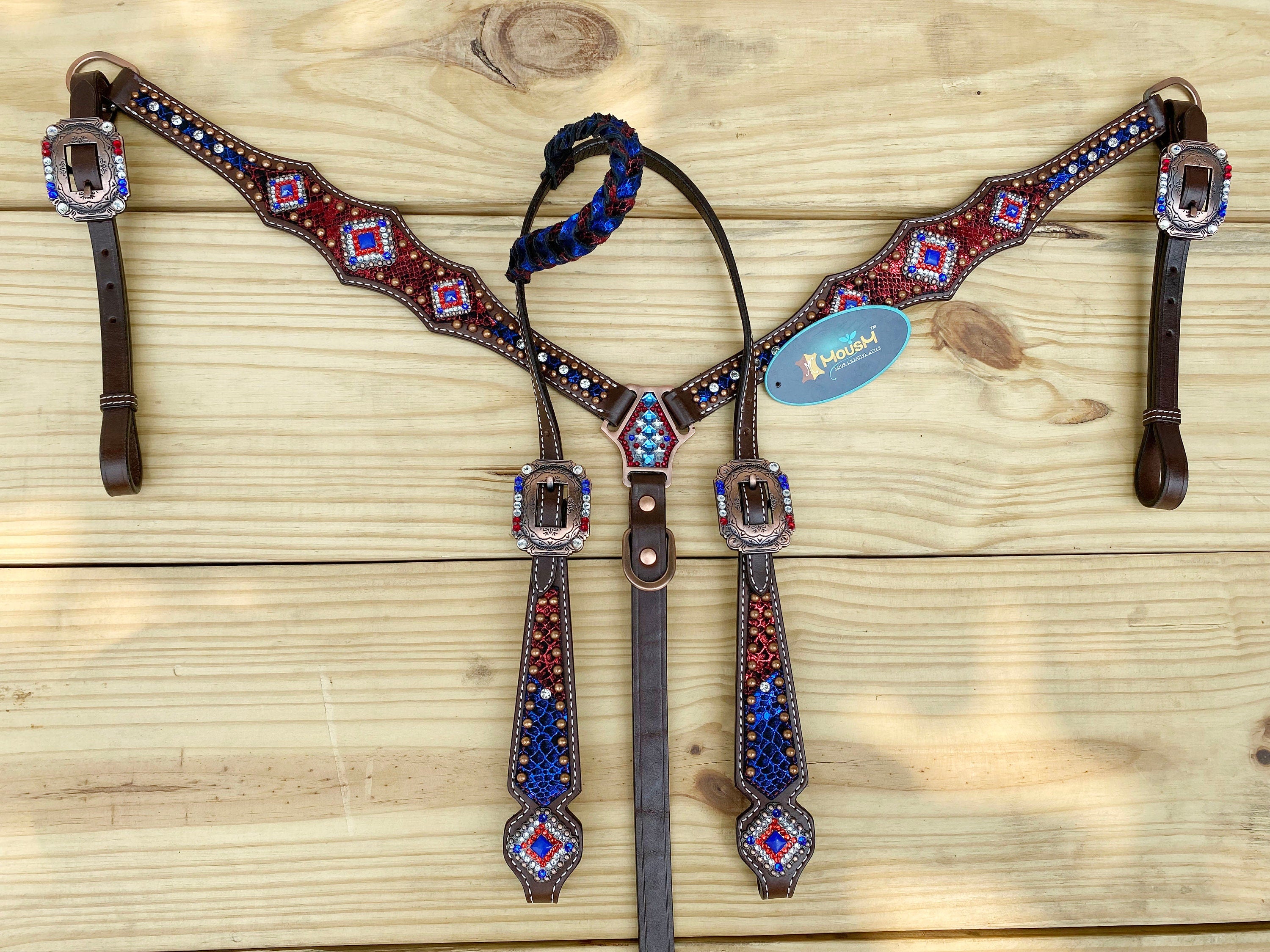 MOUSM 4th of July Western Headstall & Breast Collar Set – Patriotic Headstall Tack Decorated With Snake-Textured Leather, Shining USA Flag Color Inlay, Copper Studs, and Sparkling Rhinestones