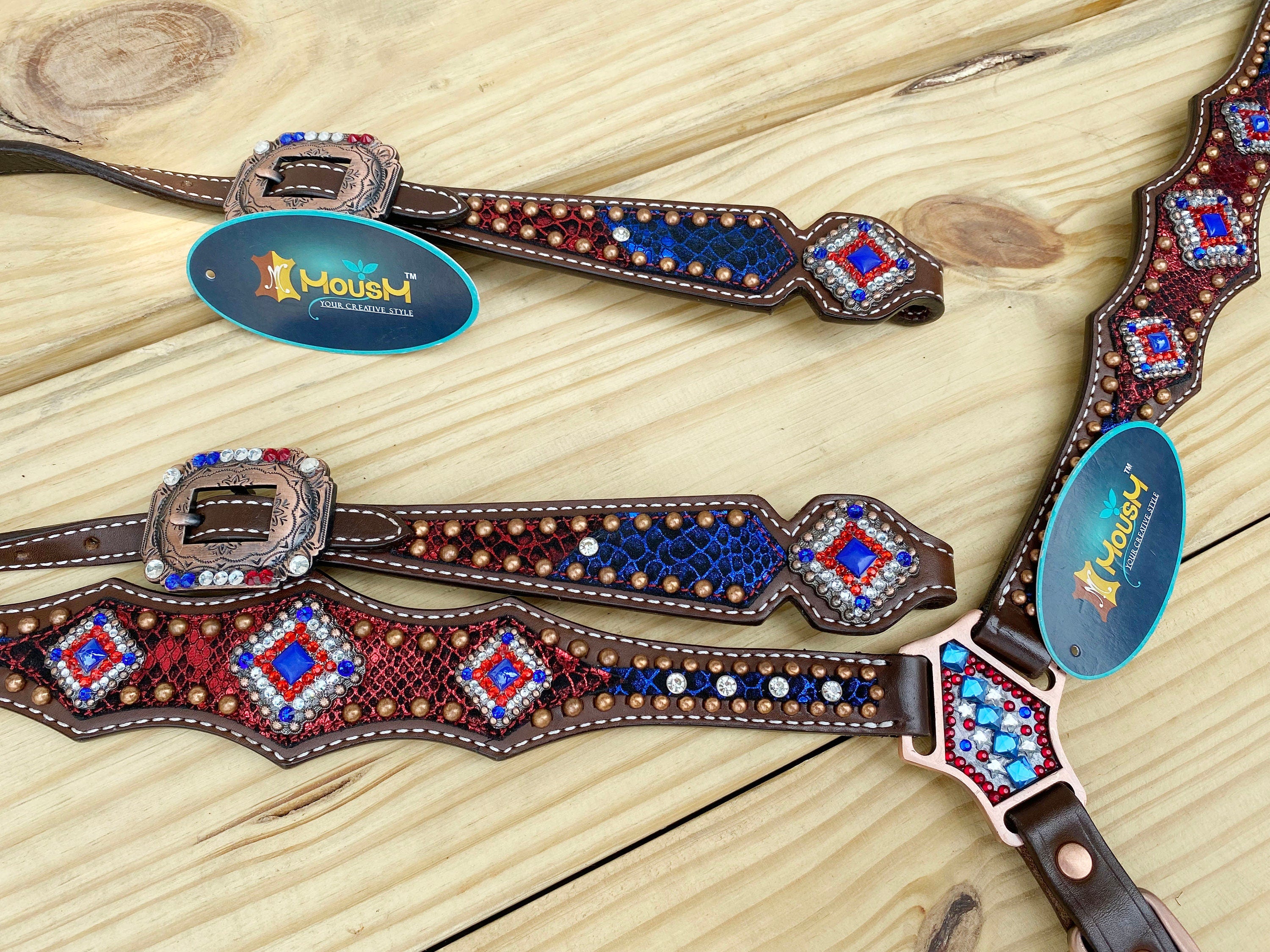 MOUSM 4th of July Western Headstall & Breast Collar Set – Patriotic Headstall Tack Decorated With Snake-Textured Leather, Shining USA Flag Color Inlay, Copper Studs, and Sparkling Rhinestones
